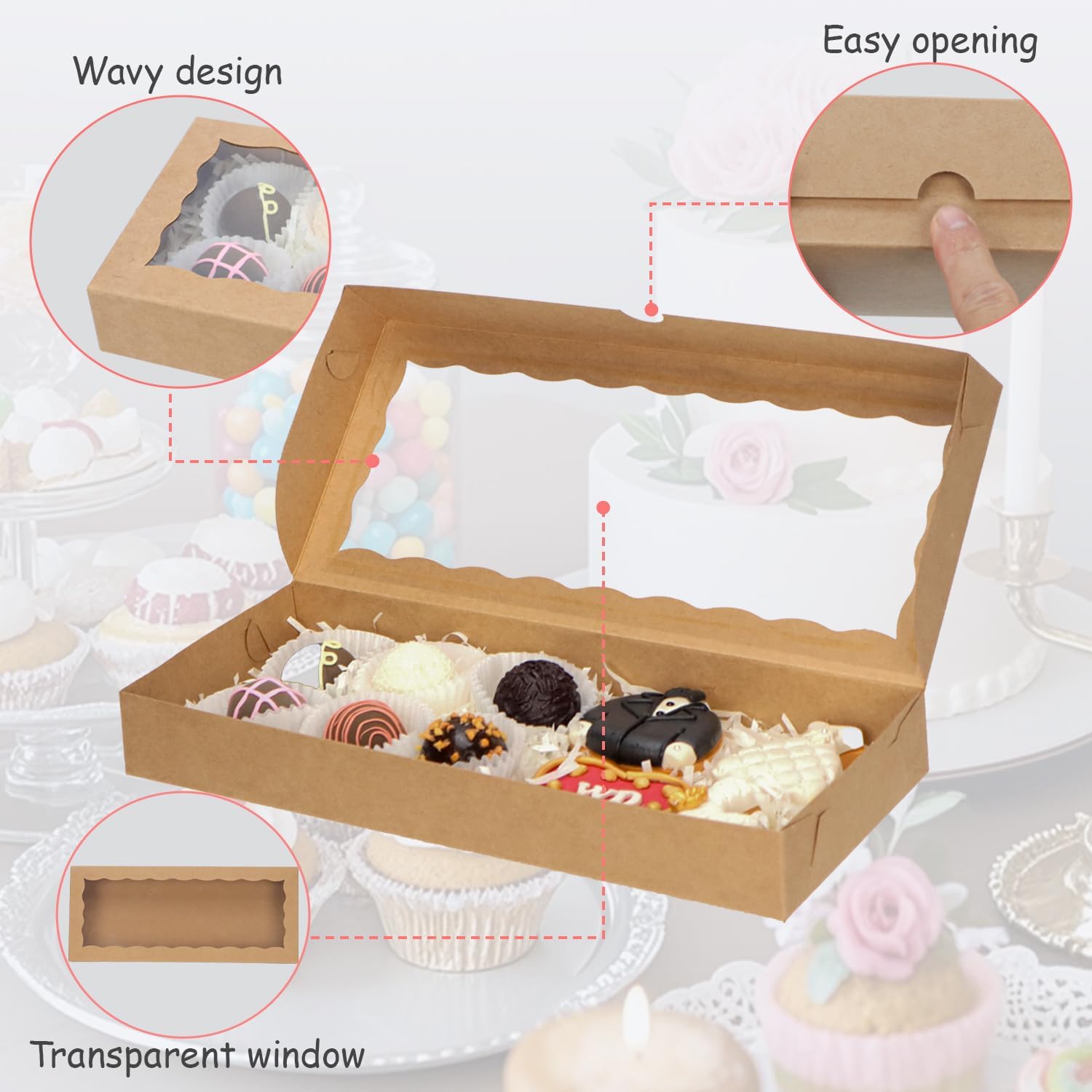 50pcs 12x5x1.5Inches Brown Cookies Boxes. with Window Bakery Boxes Chocolate Truffle Boxes Macaron Boxes Cakesickle Boxes Browines Treat Boxes for Christmas Valentine's Father's Mother's Day - Image 3