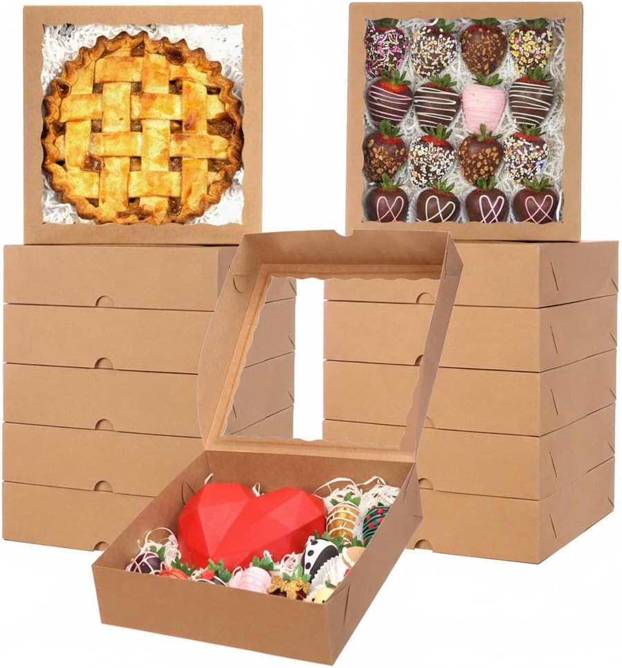 25 Pack 10x10x2.5 Inches Brown Window Bakery Boxes Pie Boxes - Pie, Cookies & Christmas Treats chocolate covered strawberries Heart hot chocolate bomb - Image 1