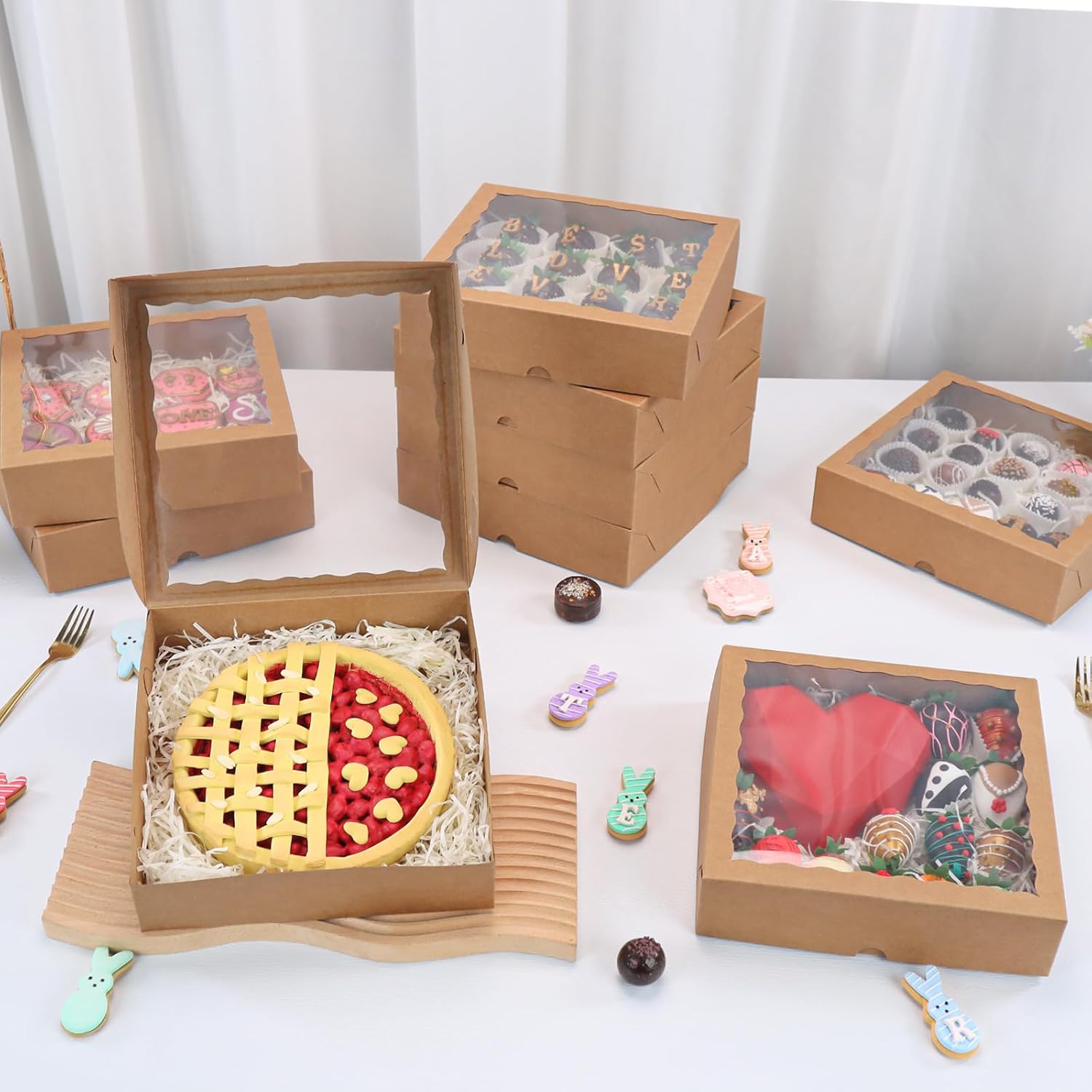 25 Pack 10x10x2.5 Inches Brown Window Bakery Boxes Pie Boxes - Pie, Cookies & Christmas Treats chocolate covered strawberries Heart hot chocolate bomb - Image 2