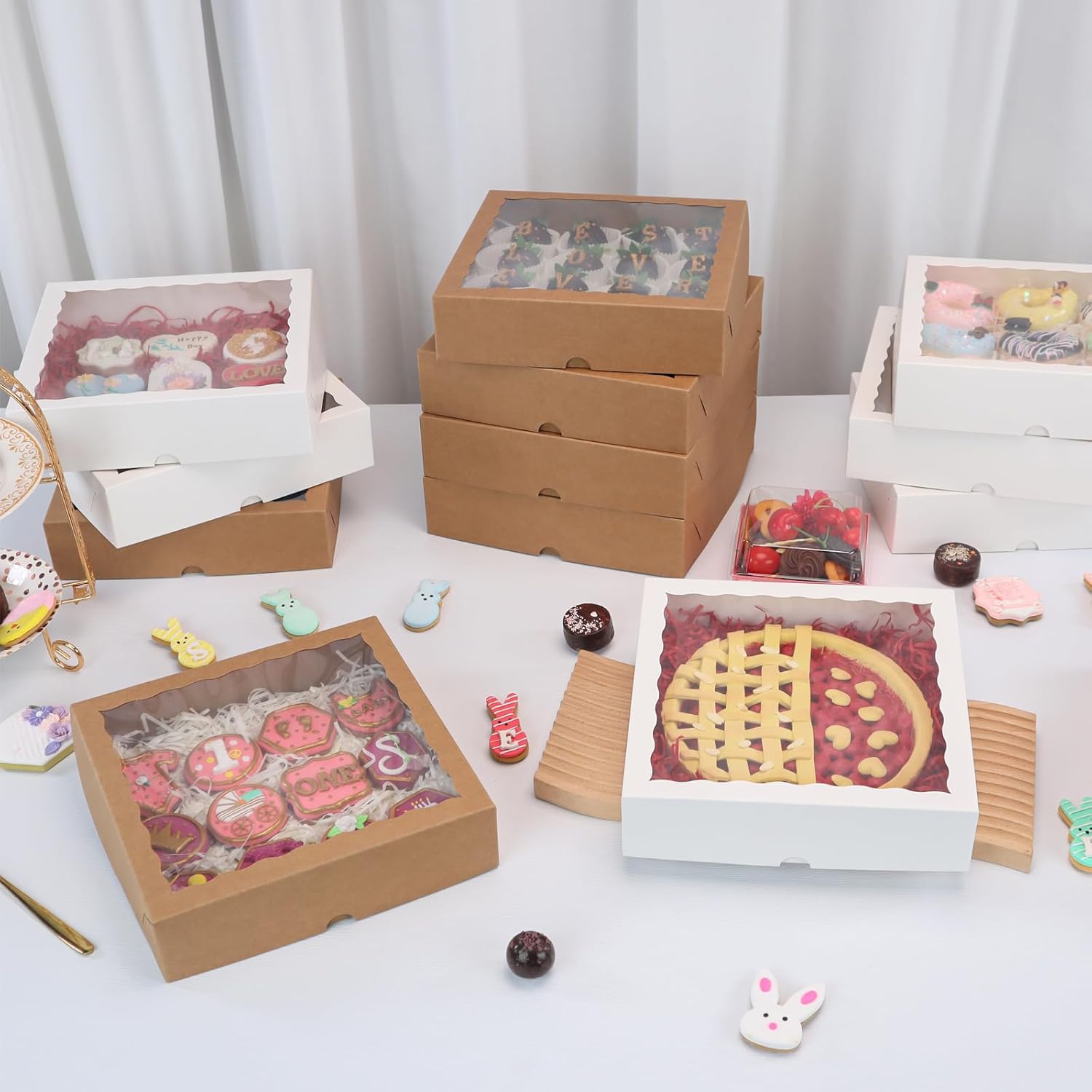 25 Pack 10x10x2.5 Inches Brown Window Bakery Boxes Pie Boxes - Pie, Cookies & Christmas Treats chocolate covered strawberries Heart hot chocolate bomb - Image 5