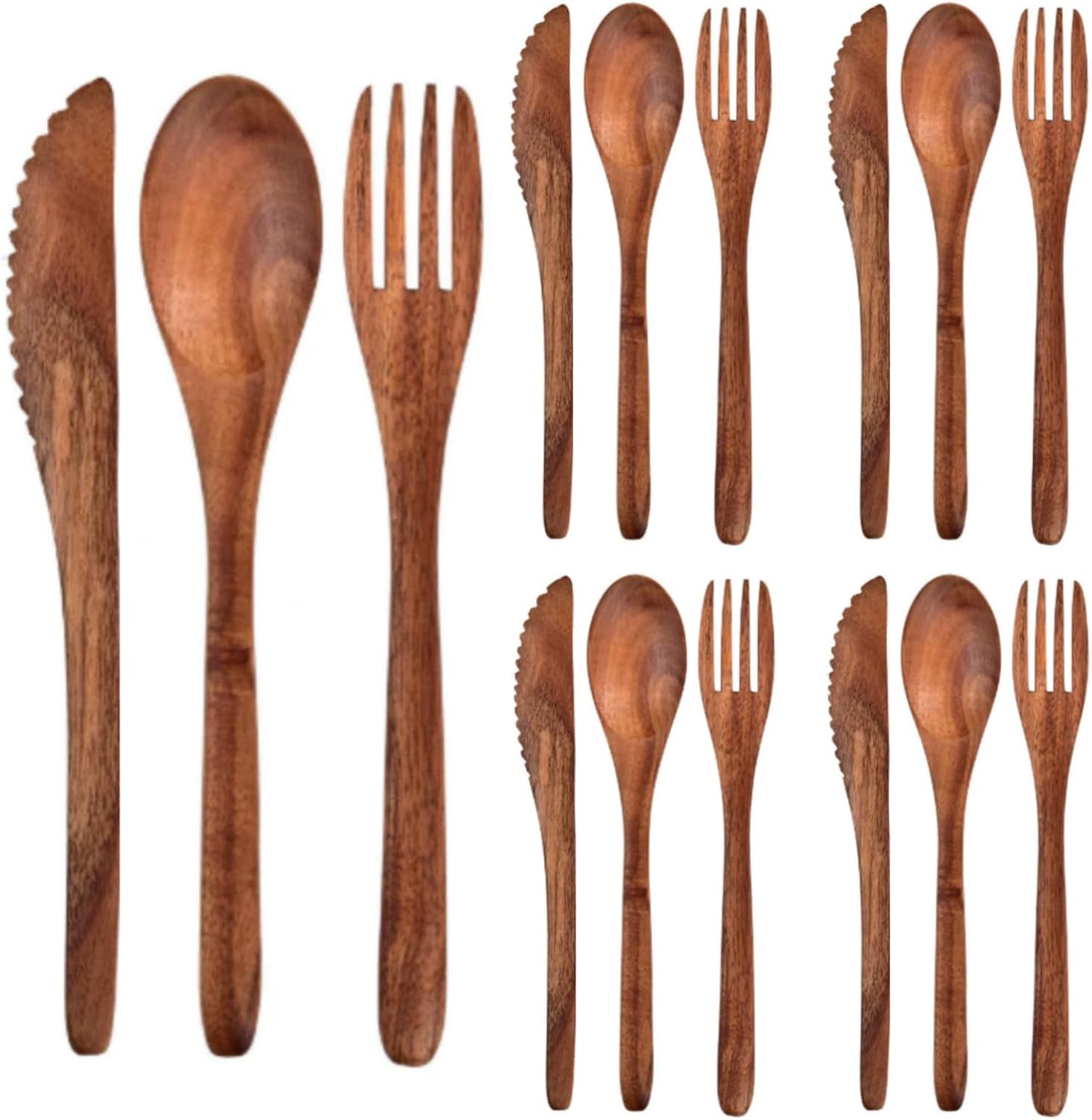 12 Pcs Wooden Utensils for Eating Set Wooden Spoon Fork Knife Cutlery Set Kitchen Wood Utensils Dinner Flatware Tableware (Teak Wood) - Image 1