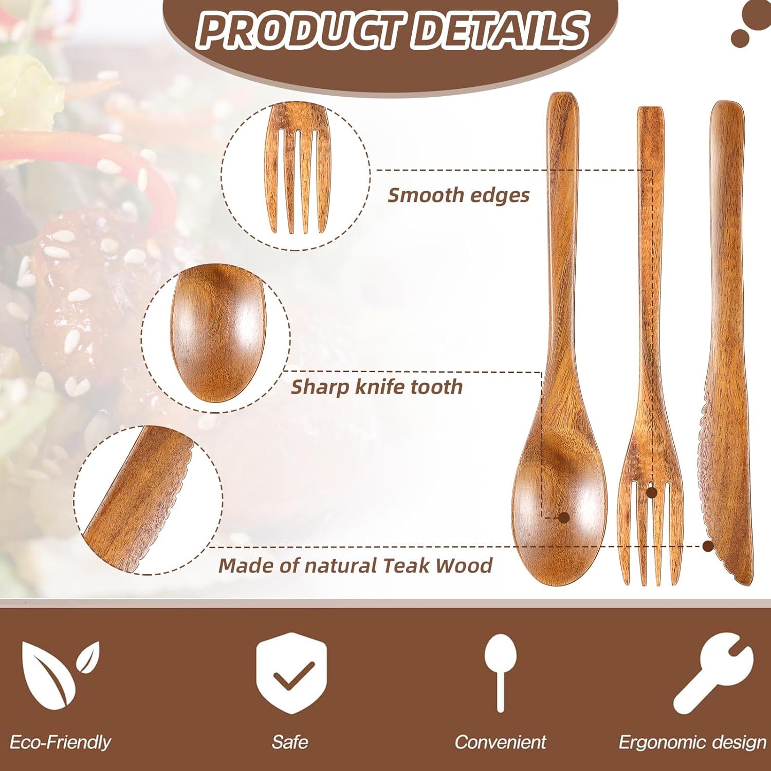 12 Pcs Wooden Utensils for Eating Set Wooden Spoon Fork Knife Cutlery Set Kitchen Wood Utensils Dinner Flatware Tableware (Teak Wood) - Image 2