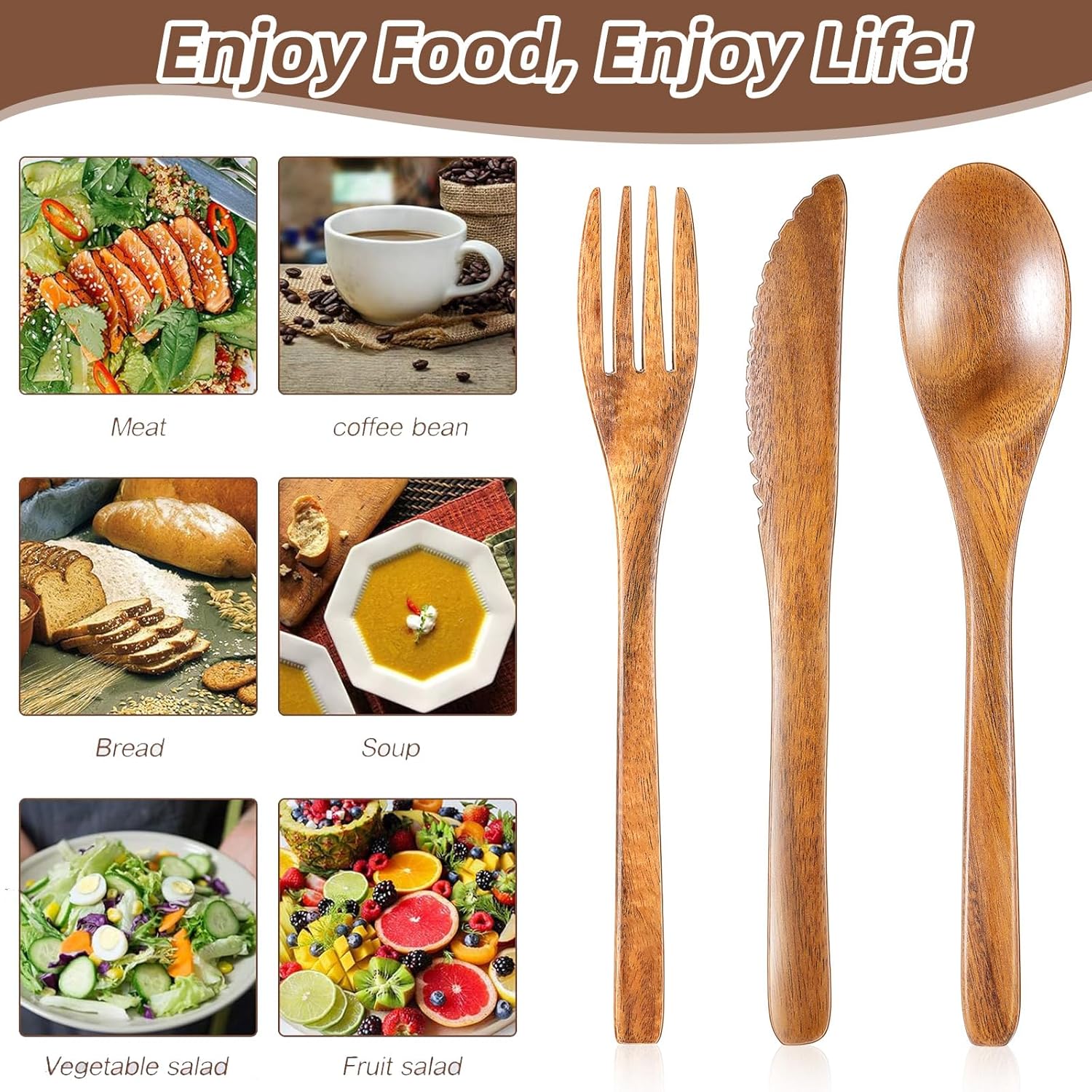 12 Pcs Wooden Utensils for Eating Set Wooden Spoon Fork Knife Cutlery Set Kitchen Wood Utensils Dinner Flatware Tableware (Teak Wood) - Image 3