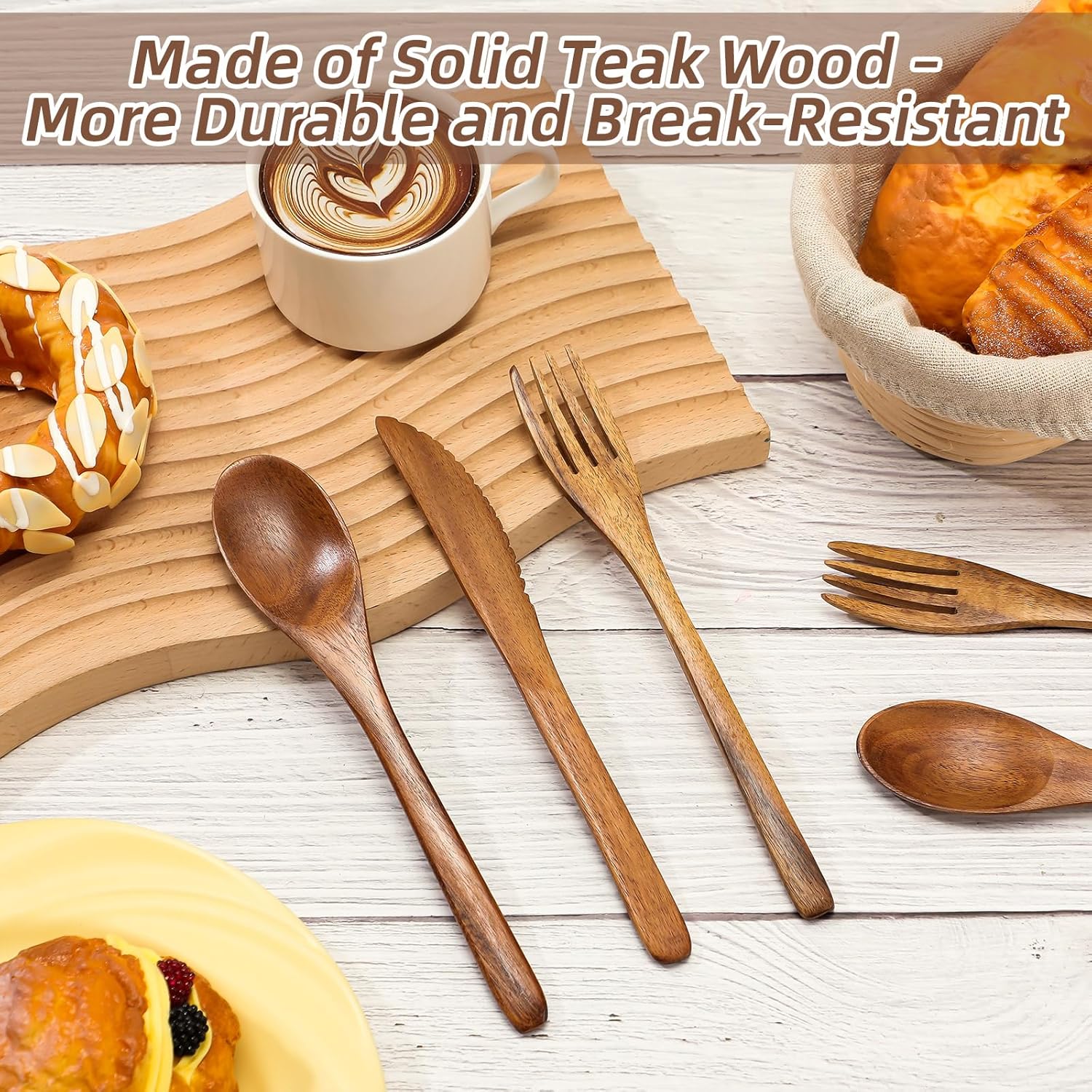 12 Pcs Wooden Utensils for Eating Set Wooden Spoon Fork Knife Cutlery Set Kitchen Wood Utensils Dinner Flatware Tableware (Teak Wood) - Image 5