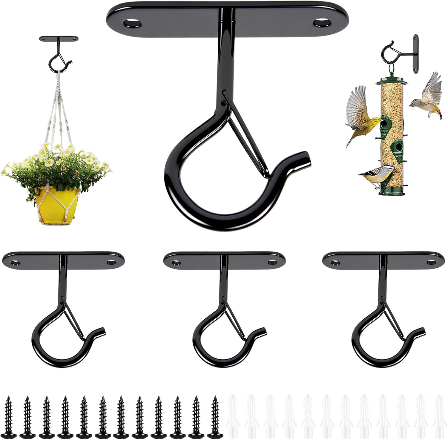 Heavy Duty Ceiling Hooks for Hanging Plants and String Lights, 2.36 Inch Plant Hook with Safety Latch, Ceiling Hanging Hook for Bird Feeders and Lanterns, Indoor Outdoor Use 40 lbs (Black, 6 Pcs) - Image 1