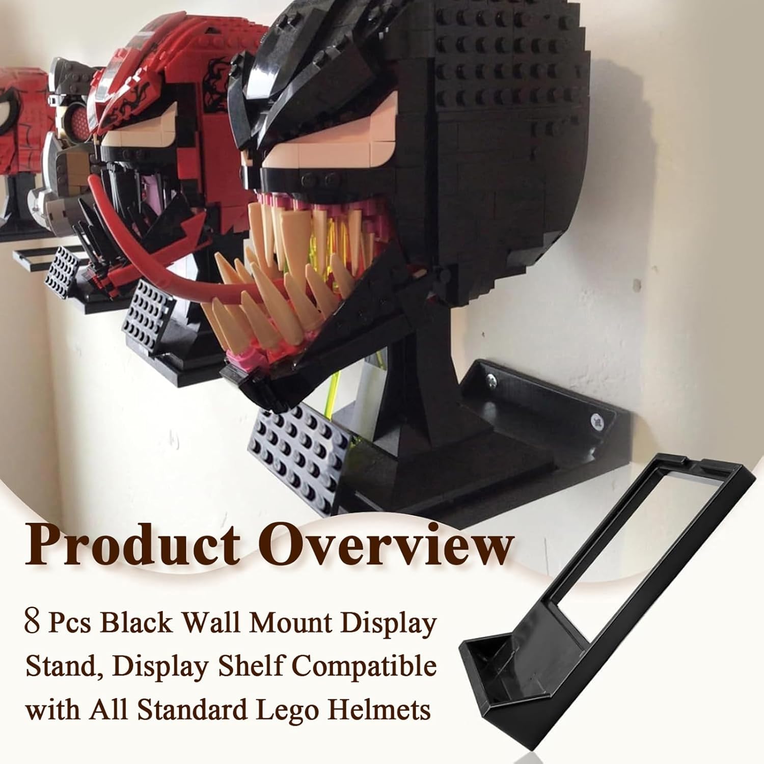 8 Pcs Black Wall Mount Display Stand Fits Lego Helmet, Wall Mount Display Shelf, Compatible with All Standard Lego Helmets, Boba Fett 75277/Tie Fighter Pilot 75274/Stormtrooper 75276 - Image 2
