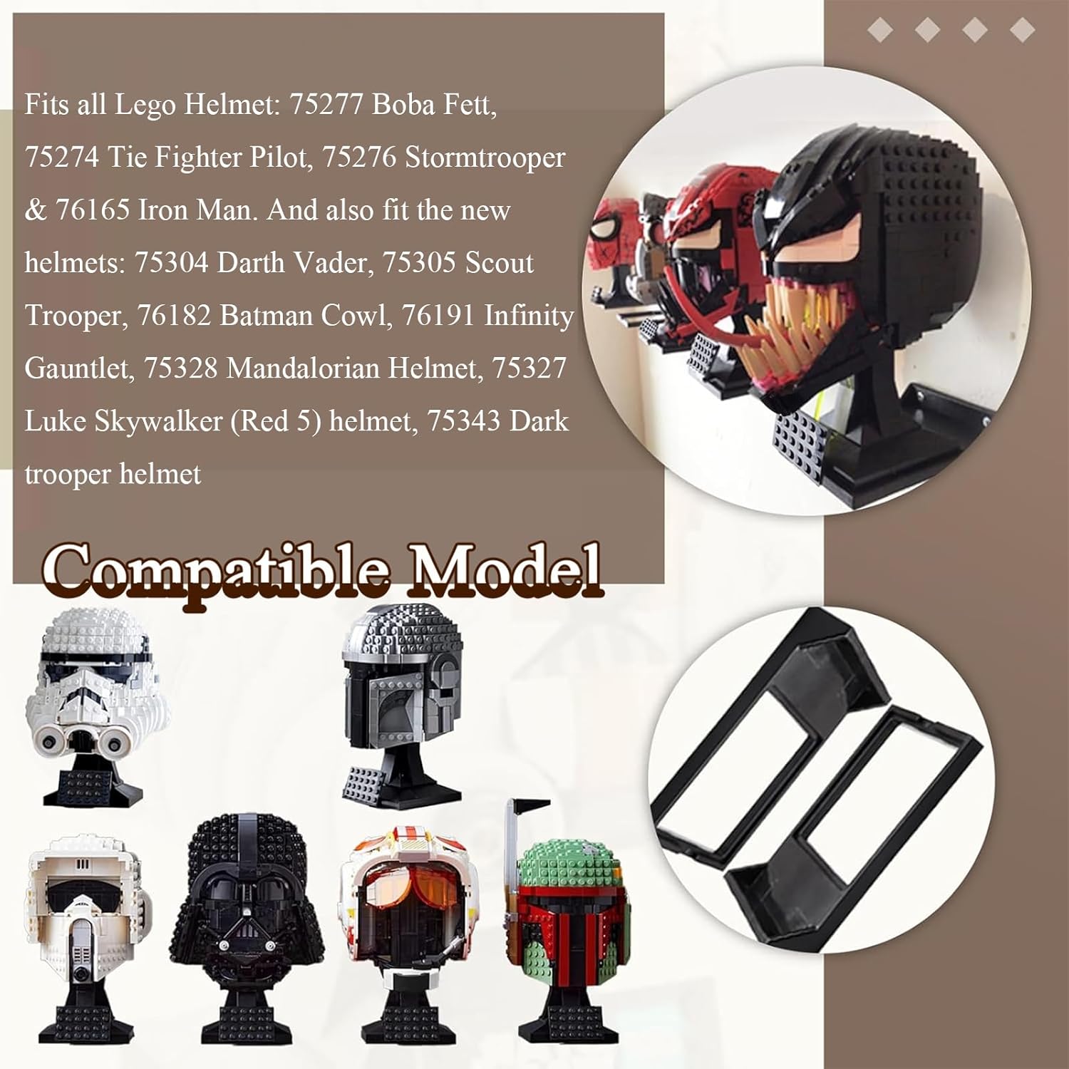 8 Pcs Black Wall Mount Display Stand Fits Lego Helmet, Wall Mount Display Shelf, Compatible with All Standard Lego Helmets, Boba Fett 75277/Tie Fighter Pilot 75274/Stormtrooper 75276 - Image 3