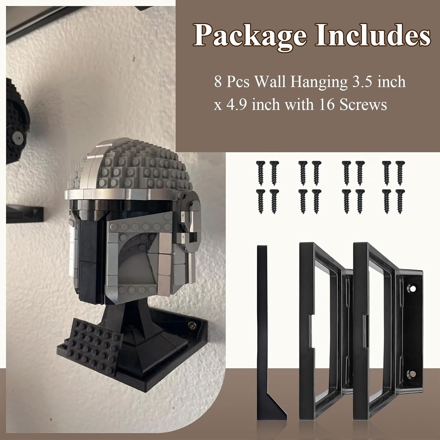 8 Pcs Black Wall Mount Display Stand Fits Lego Helmet, Wall Mount Display Shelf, Compatible with All Standard Lego Helmets, Boba Fett 75277/Tie Fighter Pilot 75274/Stormtrooper 75276 - Image 7