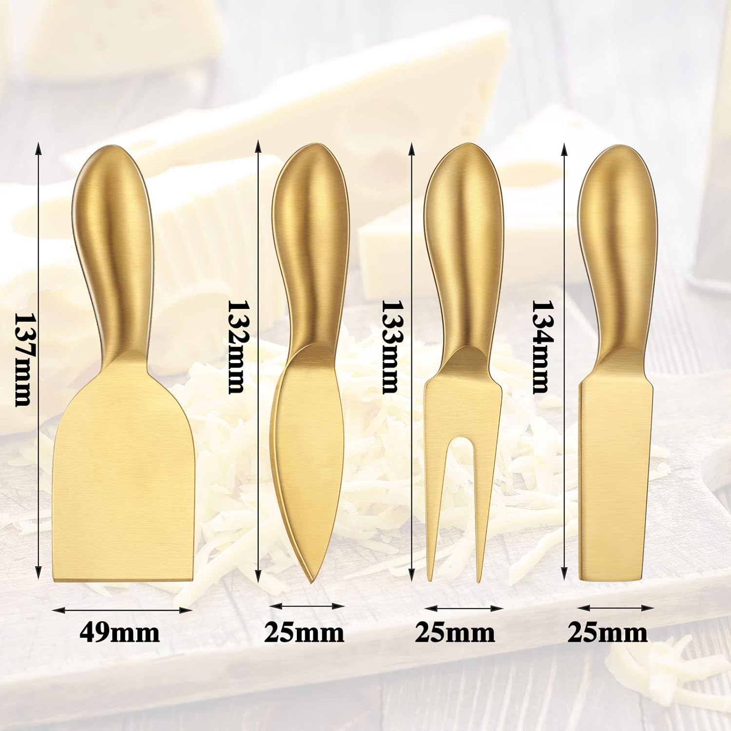 4 Pieces Stainless Steel Cheese Knives Set, Knife Fork Slicer Butter Knife Set for Charcuterie and Cheese Spread Kitchen Cooking Christmas Gift for Women (Gold) - Image 2