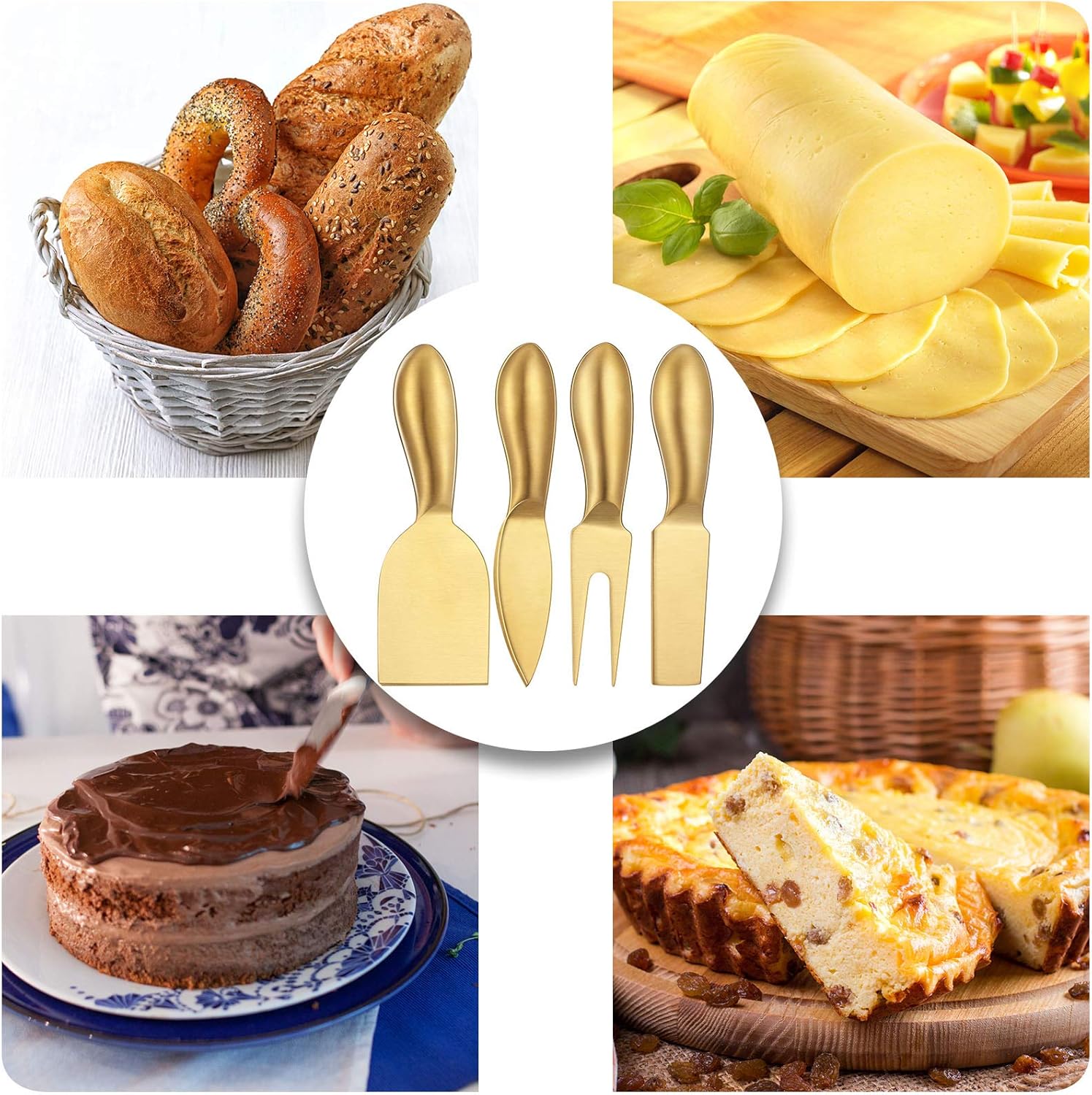 4 Pieces Stainless Steel Cheese Knives Set, Knife Fork Slicer Butter Knife Set for Charcuterie and Cheese Spread Kitchen Cooking Christmas Gift for Women (Gold) - Image 6