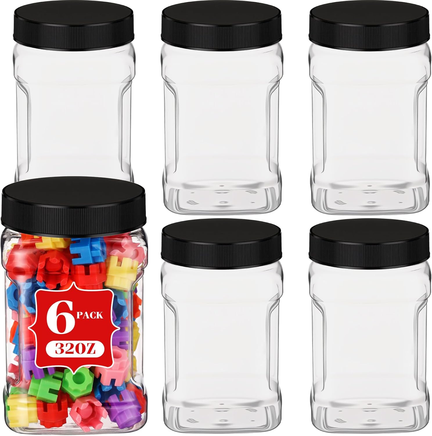 6 Pcs Square Clear Plastic Jars with Pinch Handle Plastic Storage Container with Screw-on Lids Reusable Wide Mouth Canisters for Dry Good Peanut Cookies Candy (32 oz,Black Lids) - Image 1