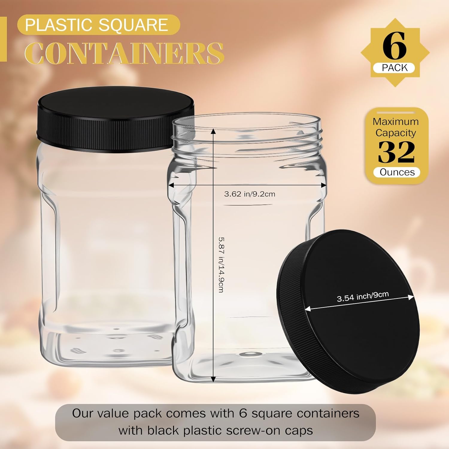6 Pcs Square Clear Plastic Jars with Pinch Handle Plastic Storage Container with Screw-on Lids Reusable Wide Mouth Canisters for Dry Good Peanut Cookies Candy (32 oz,Black Lids) - Image 2