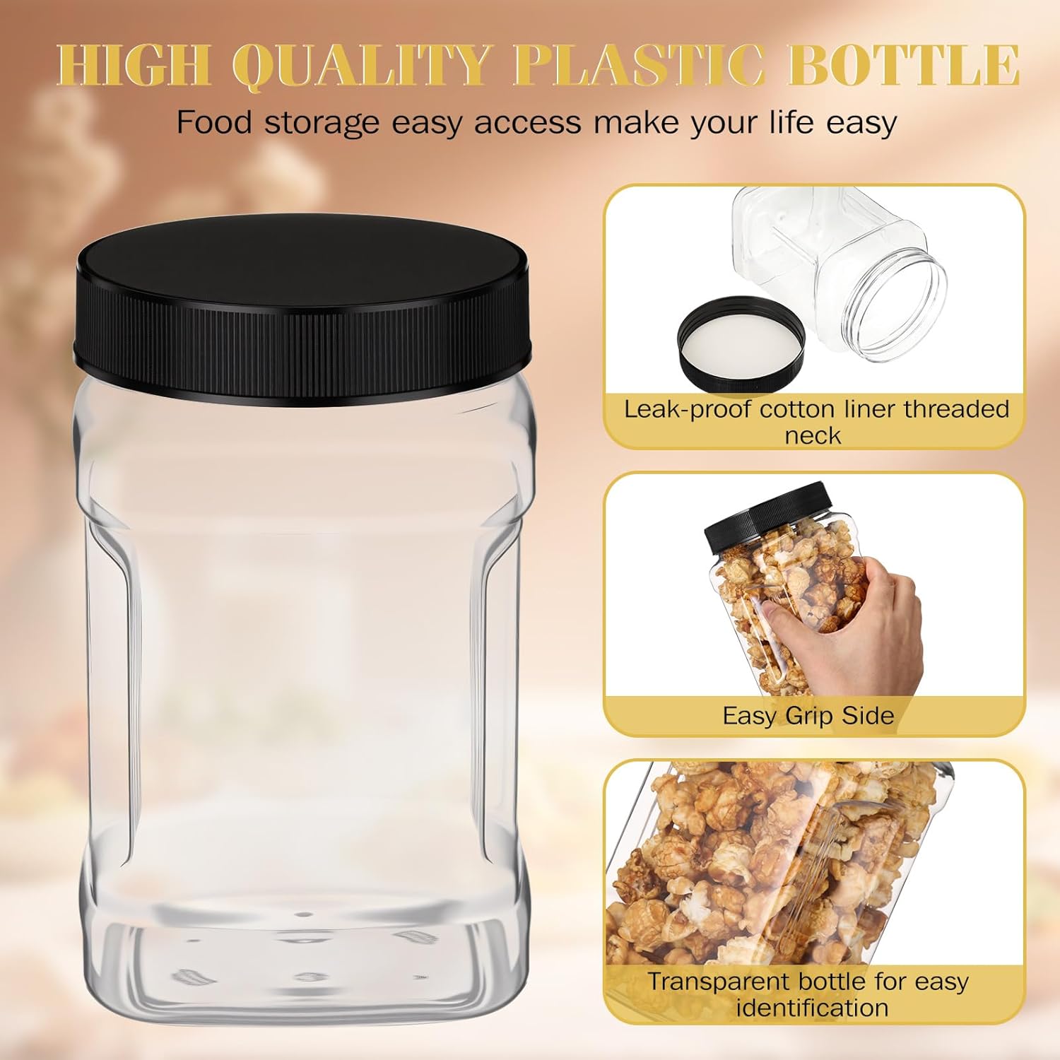 6 Pcs Square Clear Plastic Jars with Pinch Handle Plastic Storage Container with Screw-on Lids Reusable Wide Mouth Canisters for Dry Good Peanut Cookies Candy (32 oz,Black Lids) - Image 3
