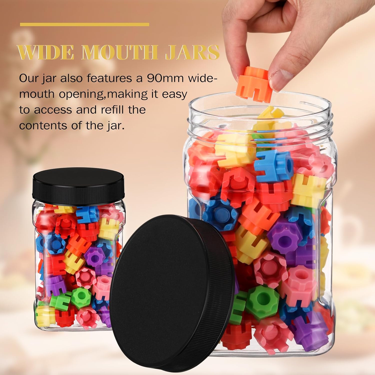 6 Pcs Square Clear Plastic Jars with Pinch Handle Plastic Storage Container with Screw-on Lids Reusable Wide Mouth Canisters for Dry Good Peanut Cookies Candy (32 oz,Black Lids) - Image 4