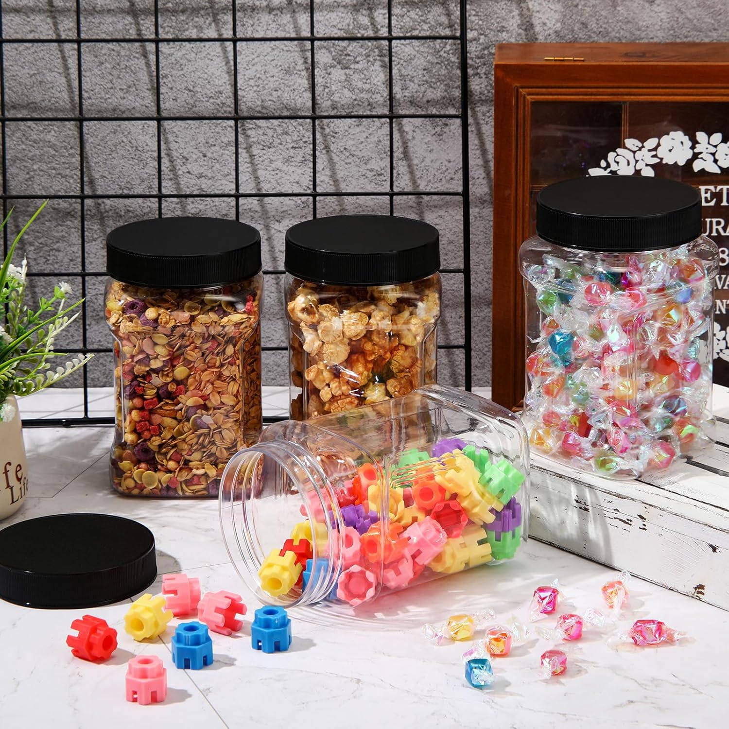6 Pcs Square Clear Plastic Jars with Pinch Handle Plastic Storage Container with Screw-on Lids Reusable Wide Mouth Canisters for Dry Good Peanut Cookies Candy (32 oz,Black Lids) - Image 6