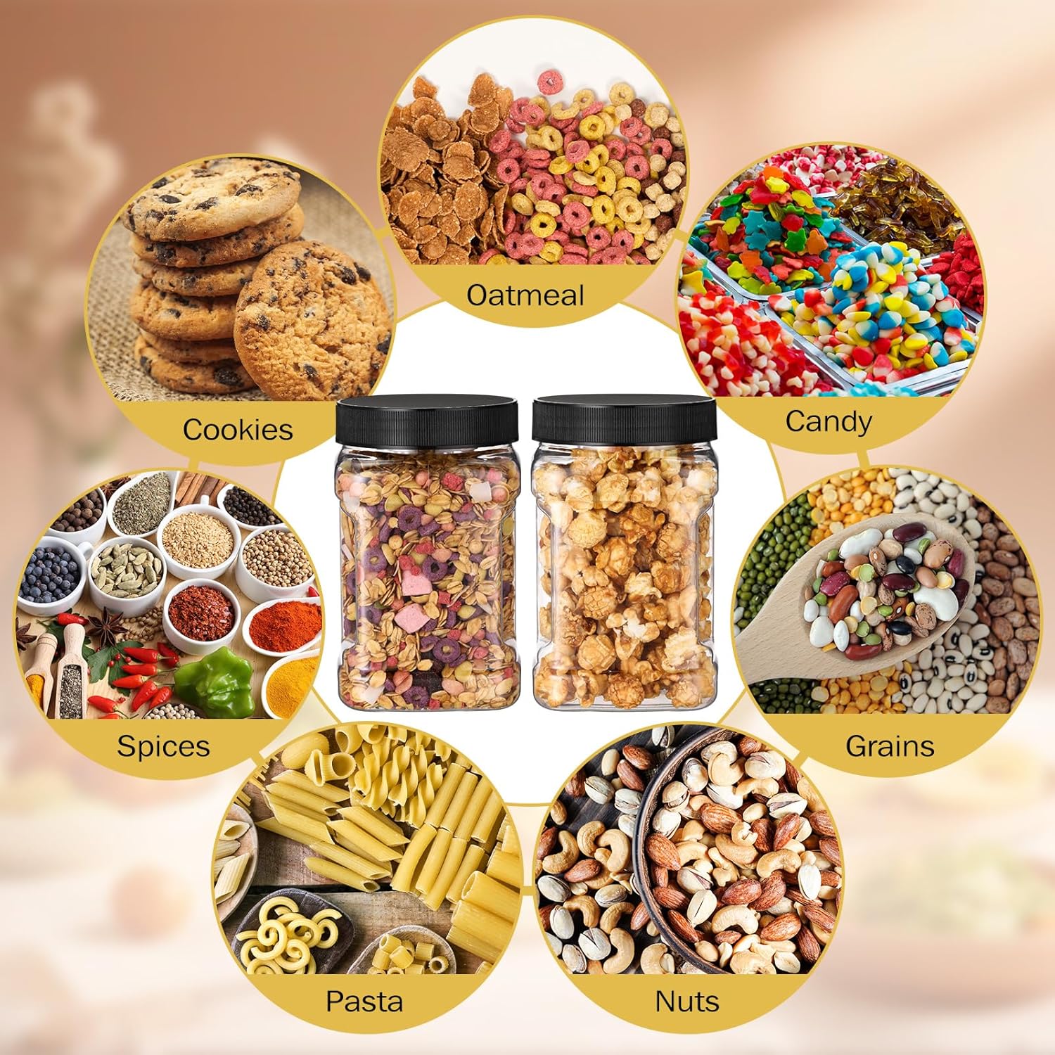 6 Pcs Square Clear Plastic Jars with Pinch Handle Plastic Storage Container with Screw-on Lids Reusable Wide Mouth Canisters for Dry Good Peanut Cookies Candy (32 oz,Black Lids) - Image 7