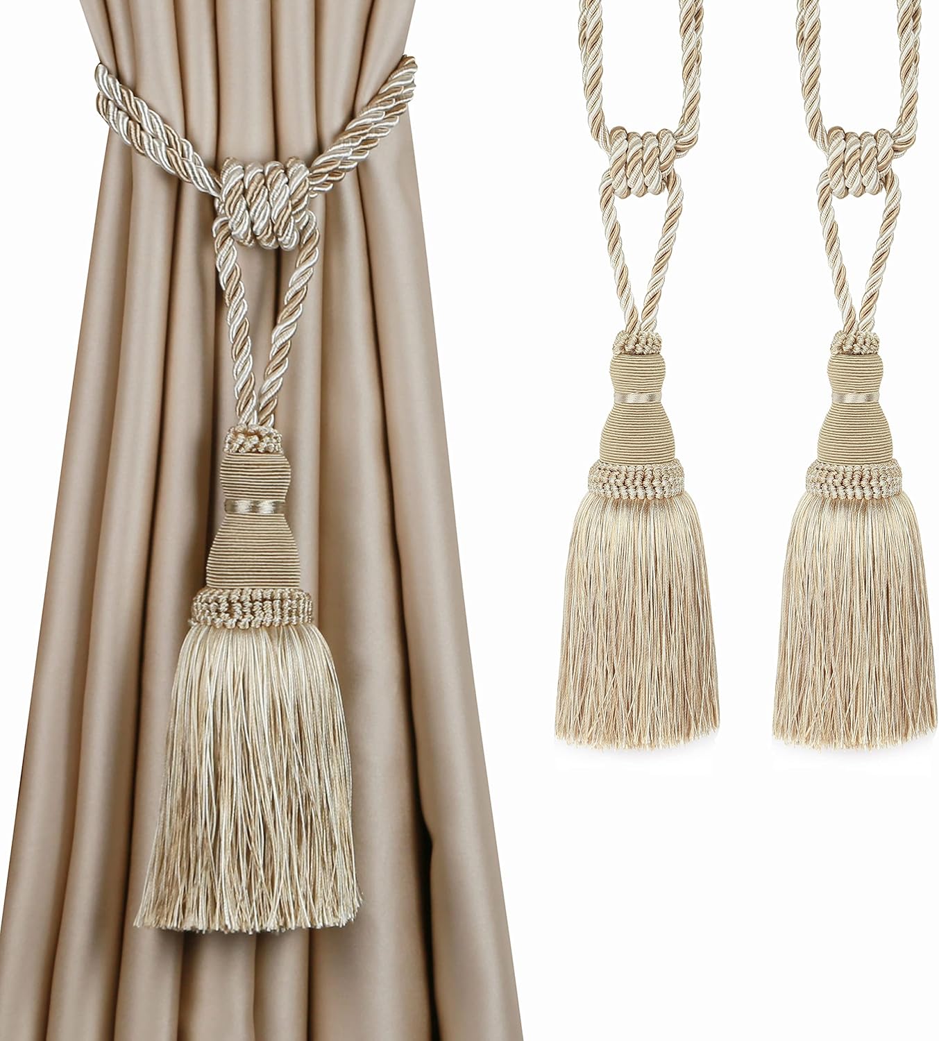 2 Pack Curtain Tiebacks Tassel Drapery Tie-Backs Rope Handmade Holdbacks Home Office Hotel Decorative (Mix Beige, 2 Pack) - Image 1