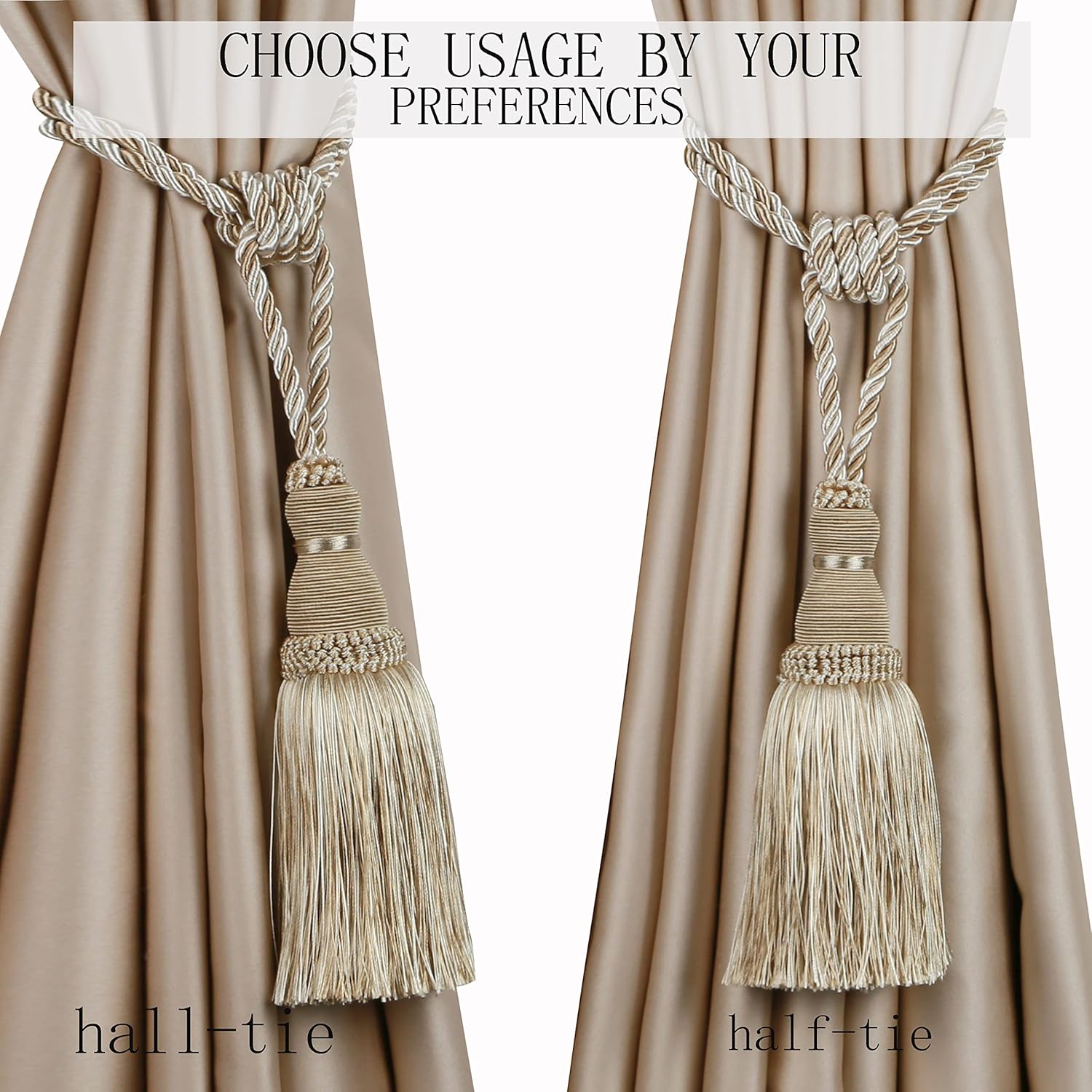 2 Pack Curtain Tiebacks Tassel Drapery Tie-Backs Rope Handmade Holdbacks Home Office Hotel Decorative (Mix Beige, 2 Pack) - Image 3