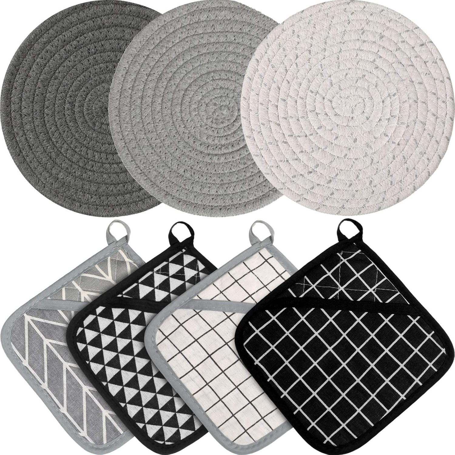 7 Pieces Square Pot Holders Washable Heat Resistant Pocket Mitt with Hanging Loop and Round Thread Weave Coaster Braided Drink Hot Pad Absorbent Woven Coaster for Kitchen Cooking Dinning - Image 1