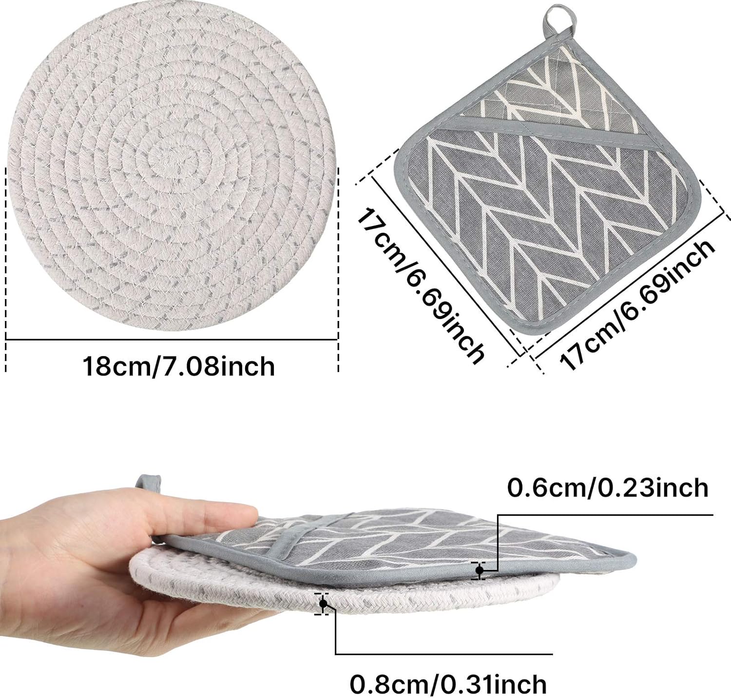 7 Pieces Square Pot Holders Washable Heat Resistant Pocket Mitt with Hanging Loop and Round Thread Weave Coaster Braided Drink Hot Pad Absorbent Woven Coaster for Kitchen Cooking Dinning - Image 2