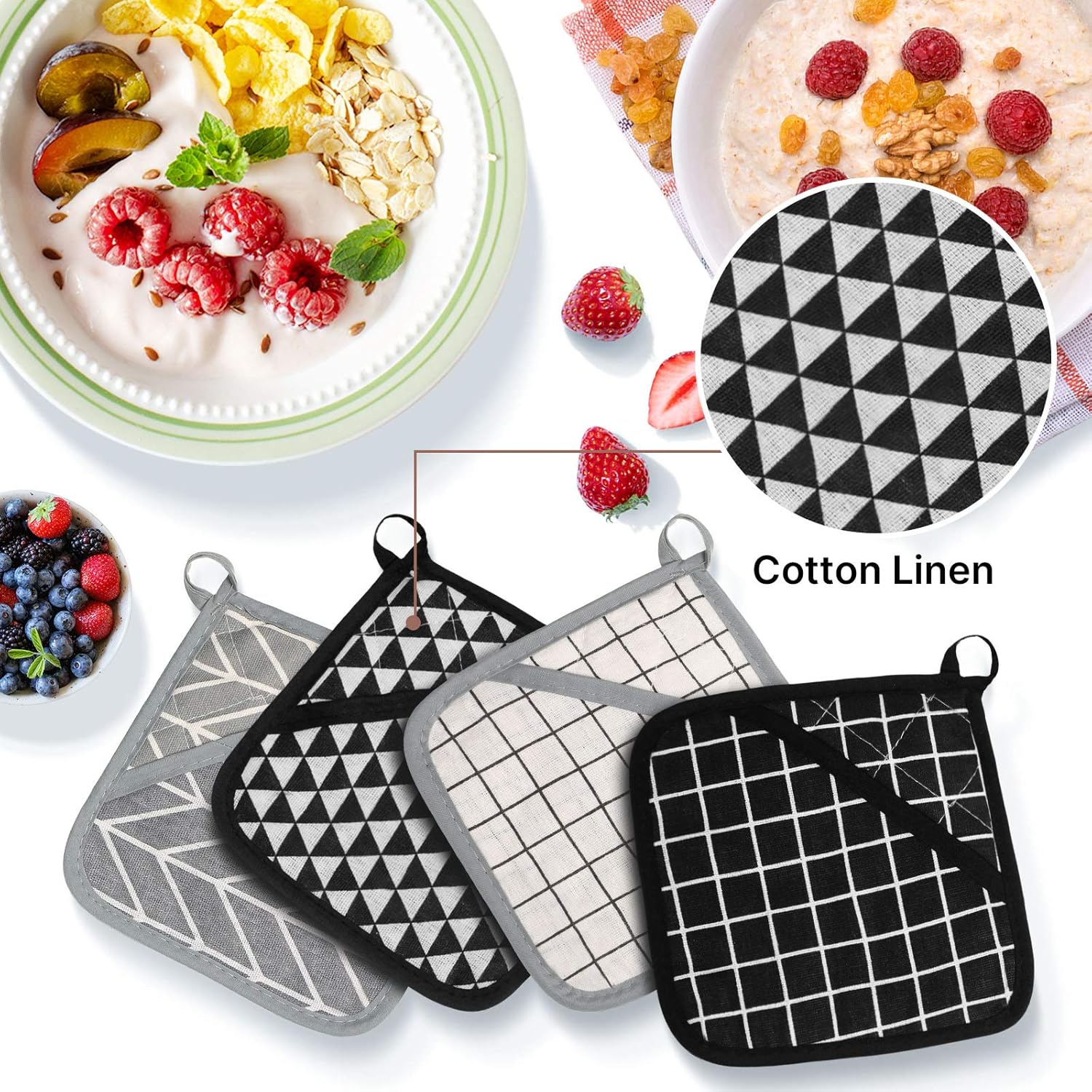 7 Pieces Square Pot Holders Washable Heat Resistant Pocket Mitt with Hanging Loop and Round Thread Weave Coaster Braided Drink Hot Pad Absorbent Woven Coaster for Kitchen Cooking Dinning - Image 4
