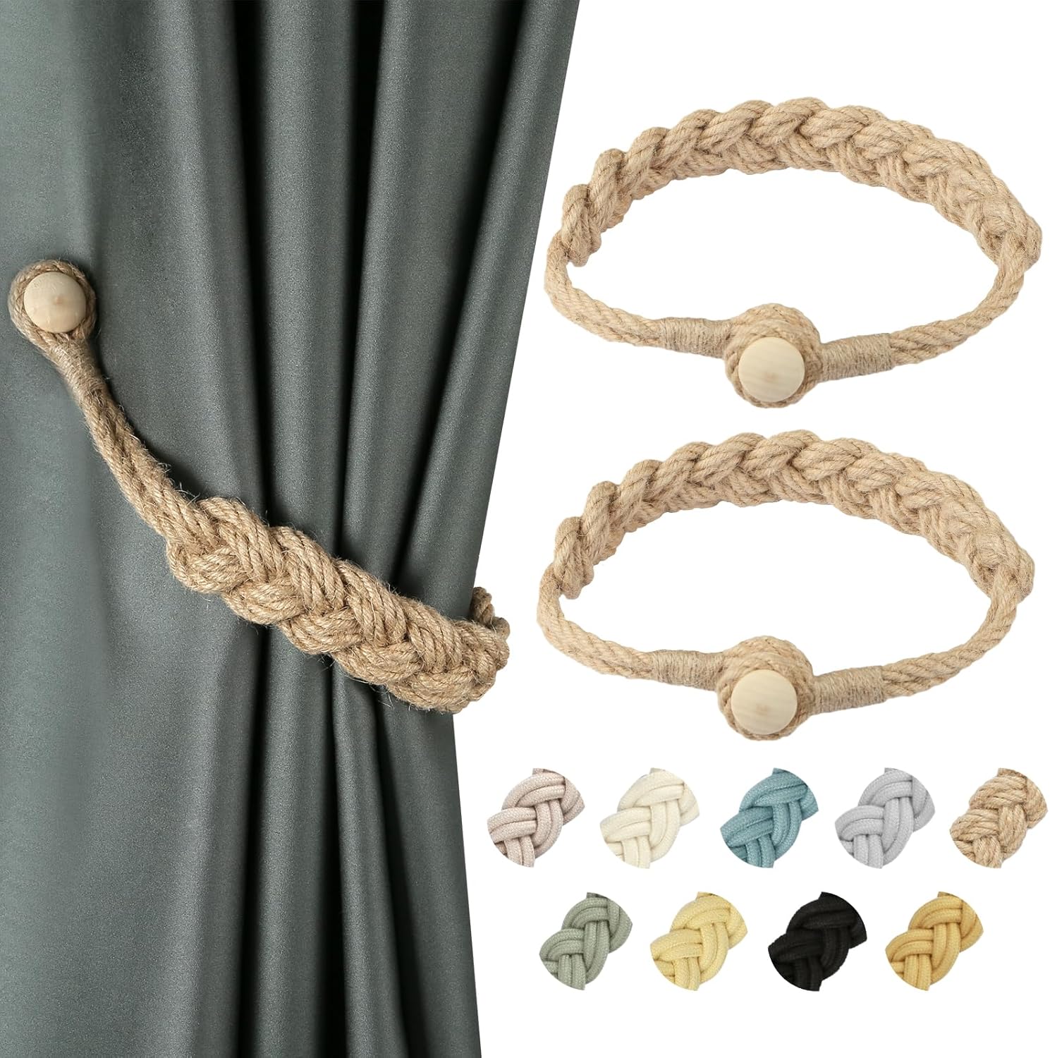 Jute Curtain Tiebacks Magnetic Woven Curtain Holdback Drapery Tie-Back (Jute-2Pack) - Image 1