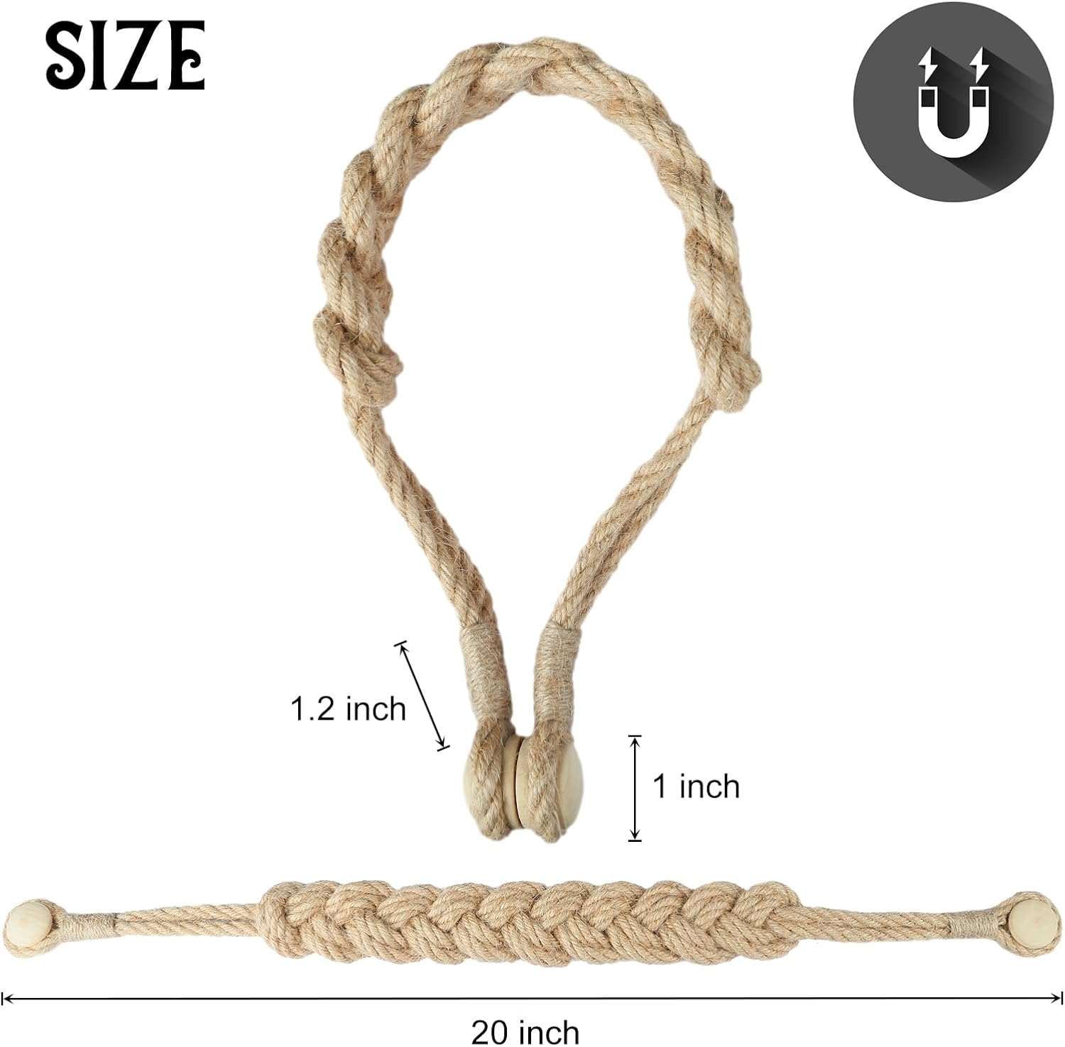 Jute Curtain Tiebacks Magnetic Woven Curtain Holdback Drapery Tie-Back (Jute-2Pack) - Image 2