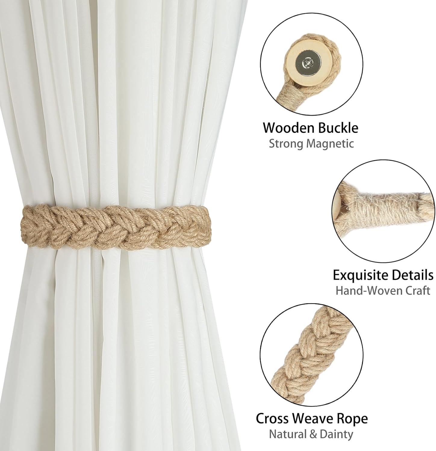 Jute Curtain Tiebacks Magnetic Woven Curtain Holdback Drapery Tie-Back (Jute-2Pack) - Image 3