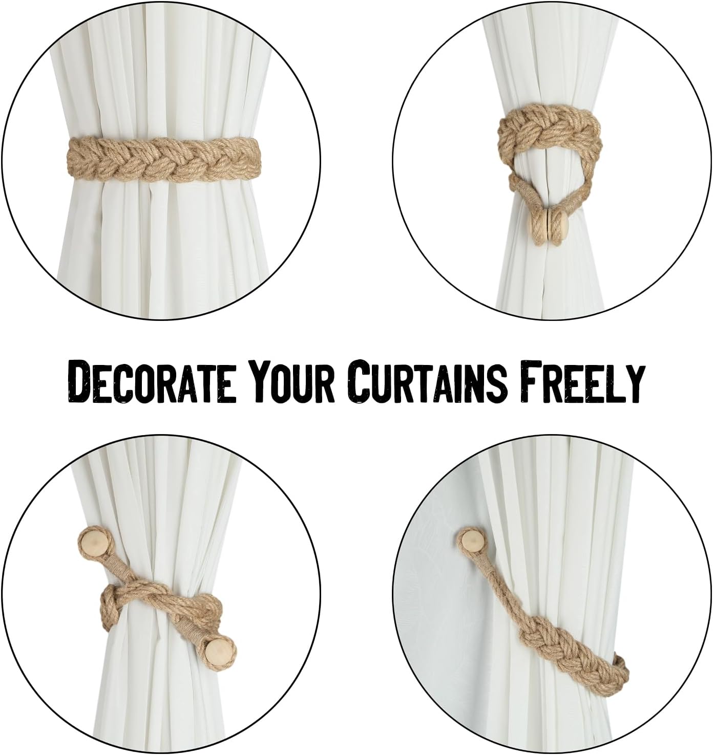 Jute Curtain Tiebacks Magnetic Woven Curtain Holdback Drapery Tie-Back (Jute-2Pack) - Image 4