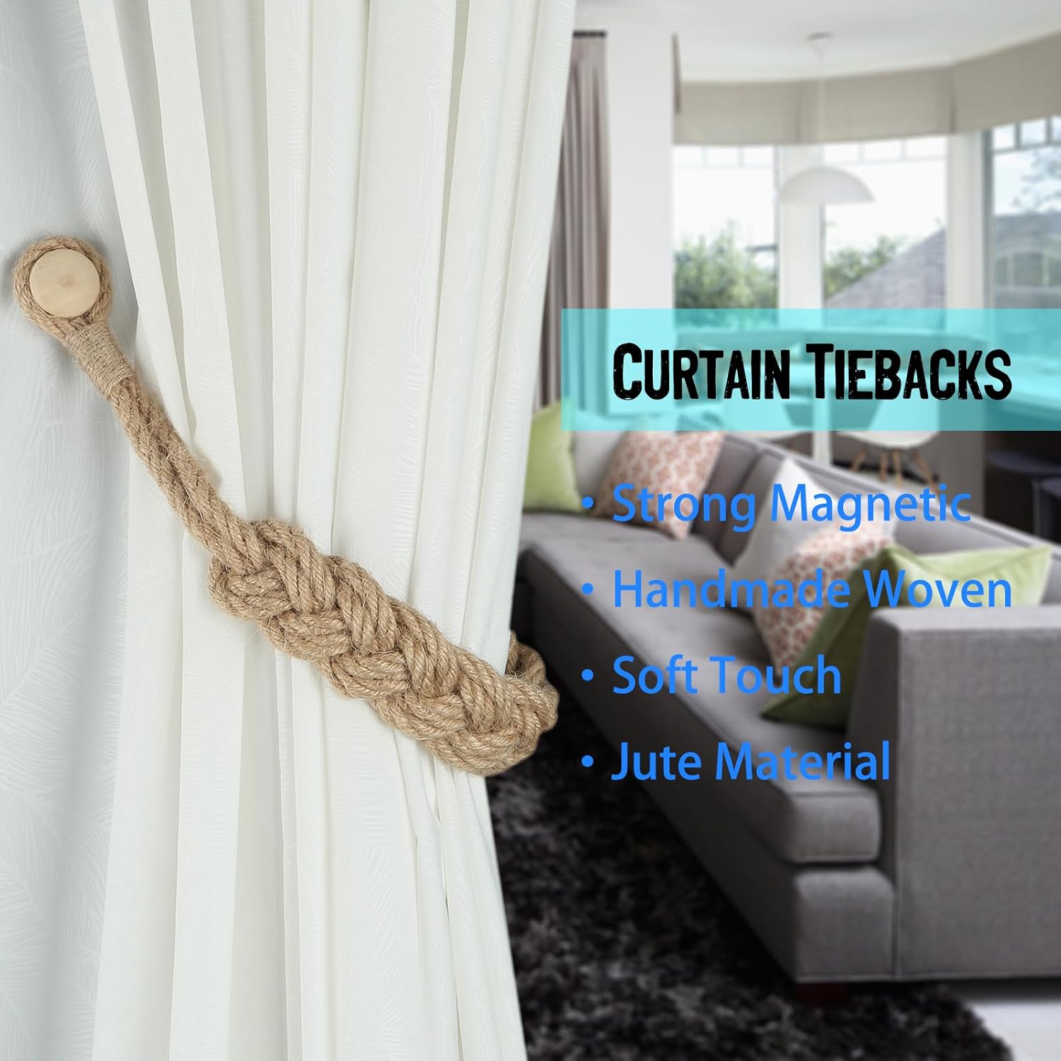 Jute Curtain Tiebacks Magnetic Woven Curtain Holdback Drapery Tie-Back (Jute-2Pack) - Image 5
