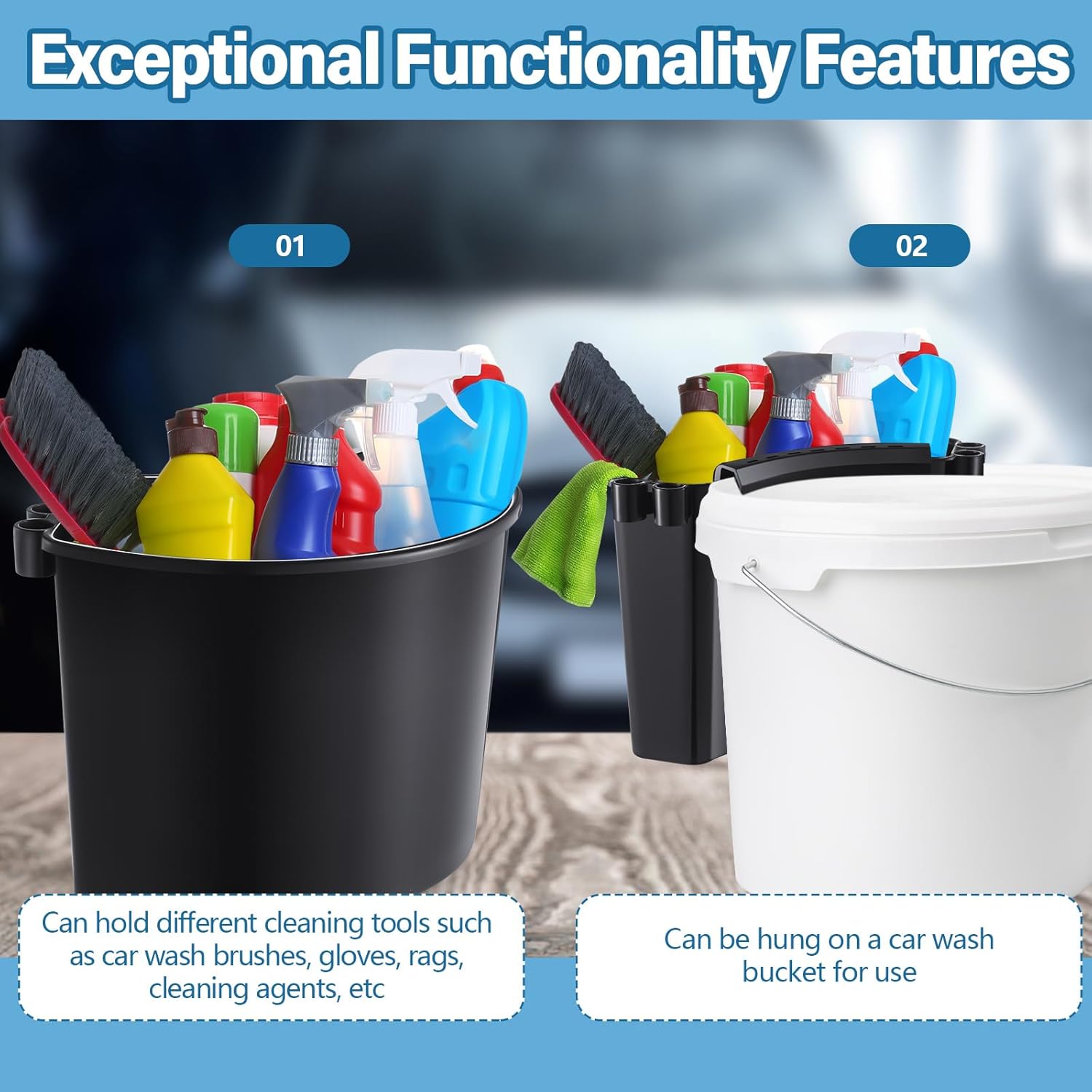 2 Pcs Car Detailing Bucket Organizer 10.2 x 7.8 x 5.5 Inch Car Washing Bucket Caddy Portable Multipurpose Hanging Organizer for Accessories Tool Home Garden Camping (Black) - Image 5