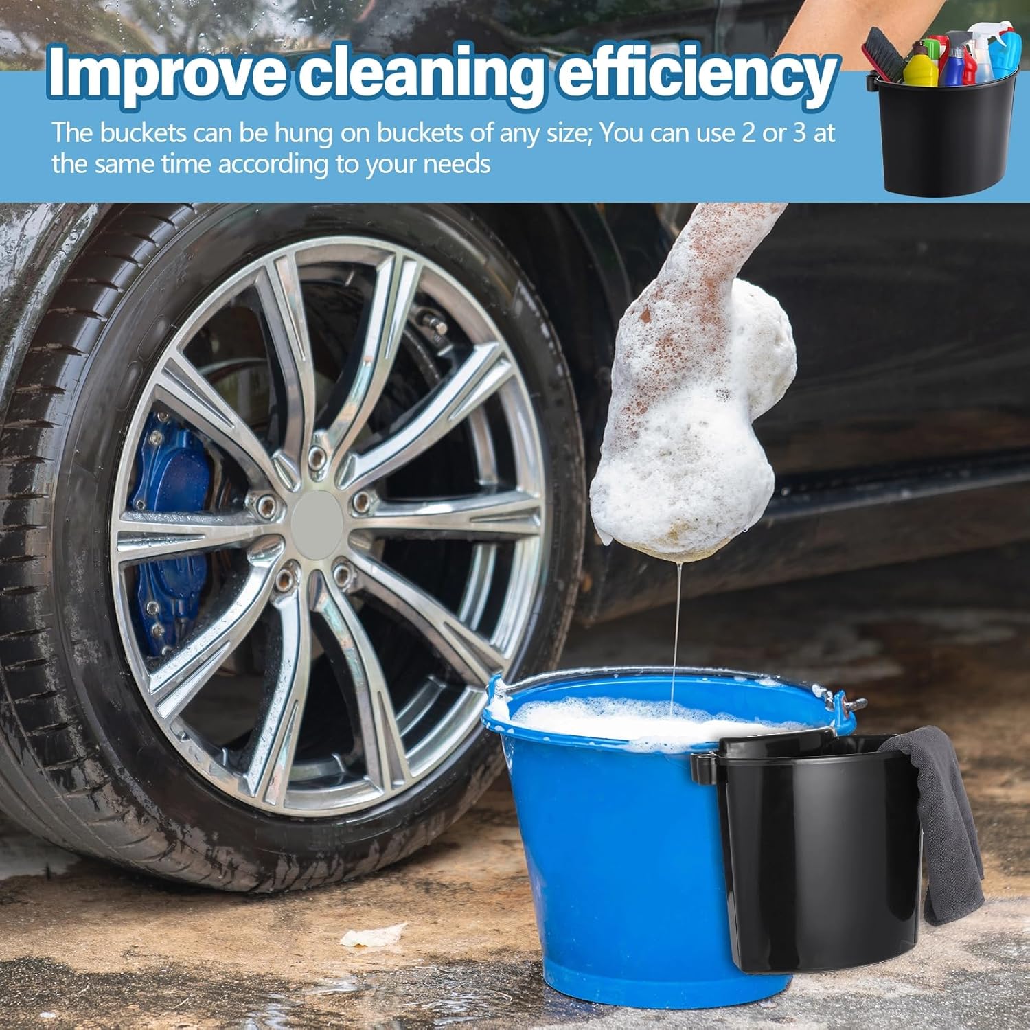 2 Pcs Car Detailing Bucket Organizer 10.2 x 7.8 x 5.5 Inch Car Washing Bucket Caddy Portable Multipurpose Hanging Organizer for Accessories Tool Home Garden Camping (Black) - Image 6