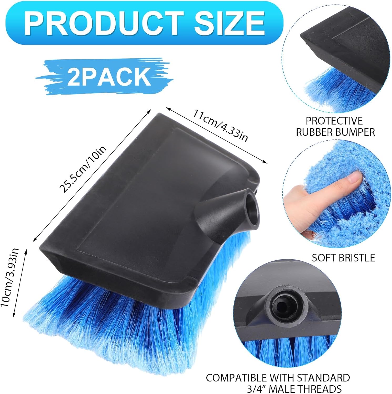 2 Pcs 10 Inch Solar Panel Soft Brush Cleaner Head, Bristles Scrub Brush with Rubber Protective Pads Prevent Scratches, for Solar Panels, Cars, RV, Trucks, Boats, Facades of Houses(Blue) - Image 2