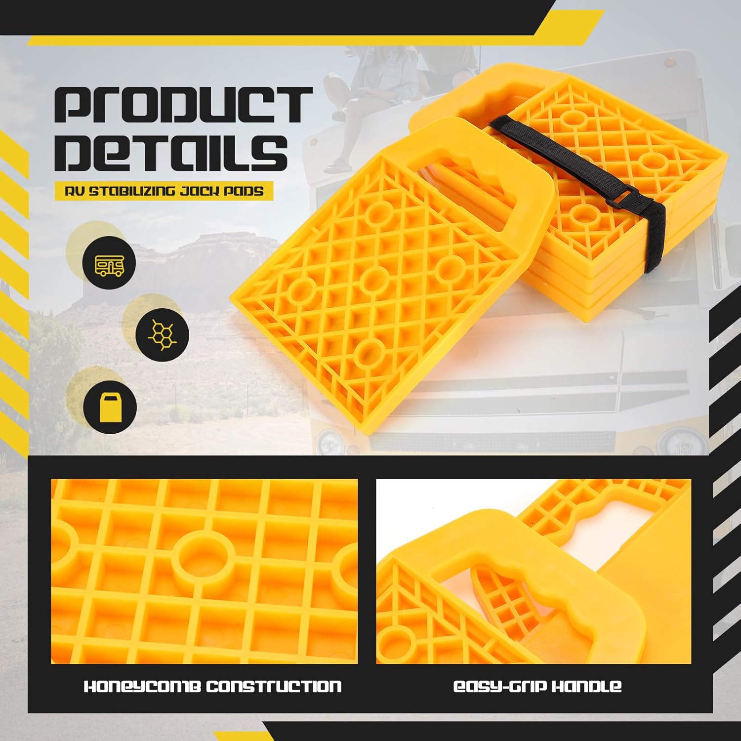 8 Pieces RV Stabilizing Jack Pads Camper Jack Pads RV Leveling Blocks with Handle Camper Stabilizer Blocks for Travel Trailer Easy Storage and Organization(Yellow) - Image 3