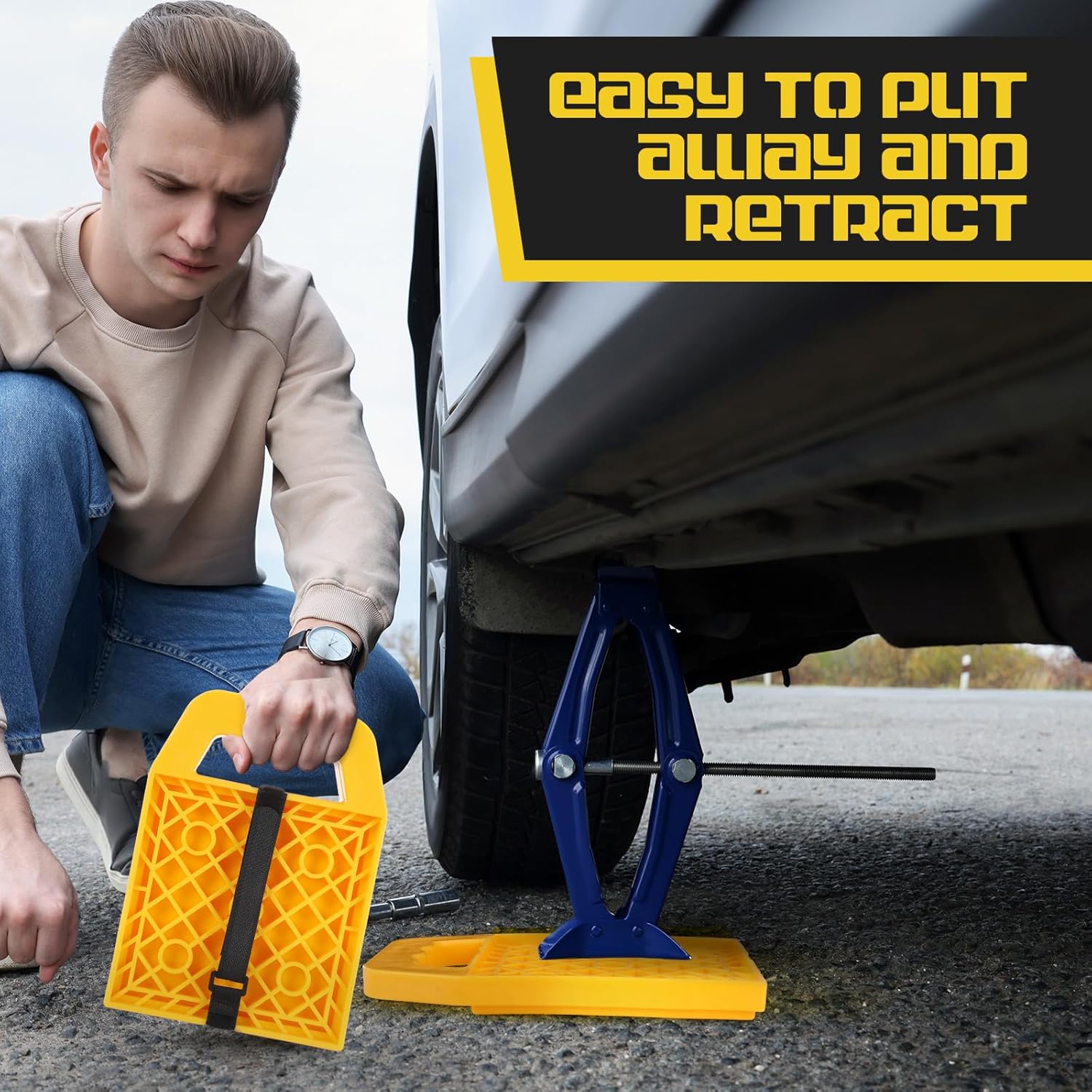 8 Pieces RV Stabilizing Jack Pads Camper Jack Pads RV Leveling Blocks with Handle Camper Stabilizer Blocks for Travel Trailer Easy Storage and Organization(Yellow) - Image 6