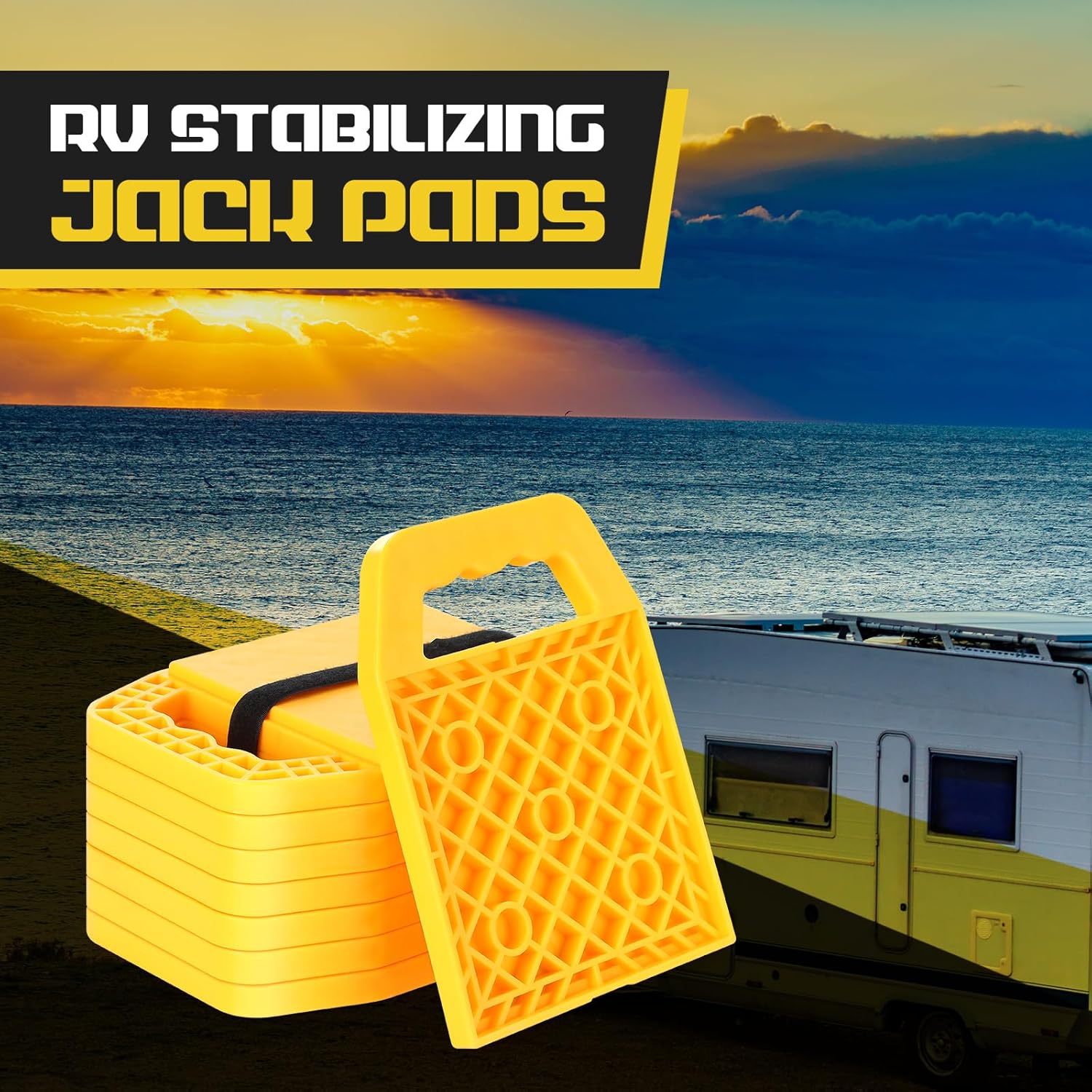 8 Pieces RV Stabilizing Jack Pads Camper Jack Pads RV Leveling Blocks with Handle Camper Stabilizer Blocks for Travel Trailer Easy Storage and Organization(Yellow) - Image 7