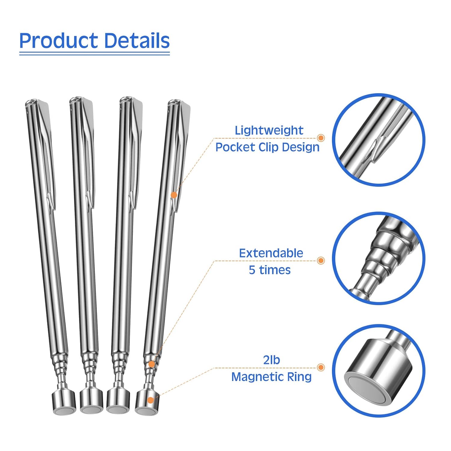 12 Pieces Telescoping Magnet Pickup Tools in 2 Lb Magnetic Stick Gadget with Pocket Clip Magnet Tool to Retrieve Screws Nuts Pins for Men Birthday, Father's Day, Valentine - Image 3