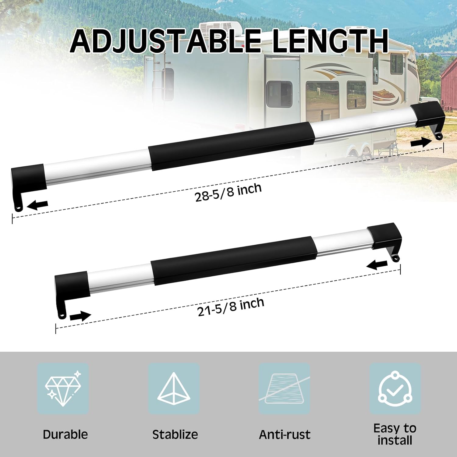 2 Pcs RV Screen Door Handle Cross Bar, Adjustable Camper Door Grab Bar 21-5/8 to 28-5/8 with Non Slip Grip Aluminum Support Handle for Trailer, Motorhome, Truck, Camping, Travel RV Accessories - Image 2