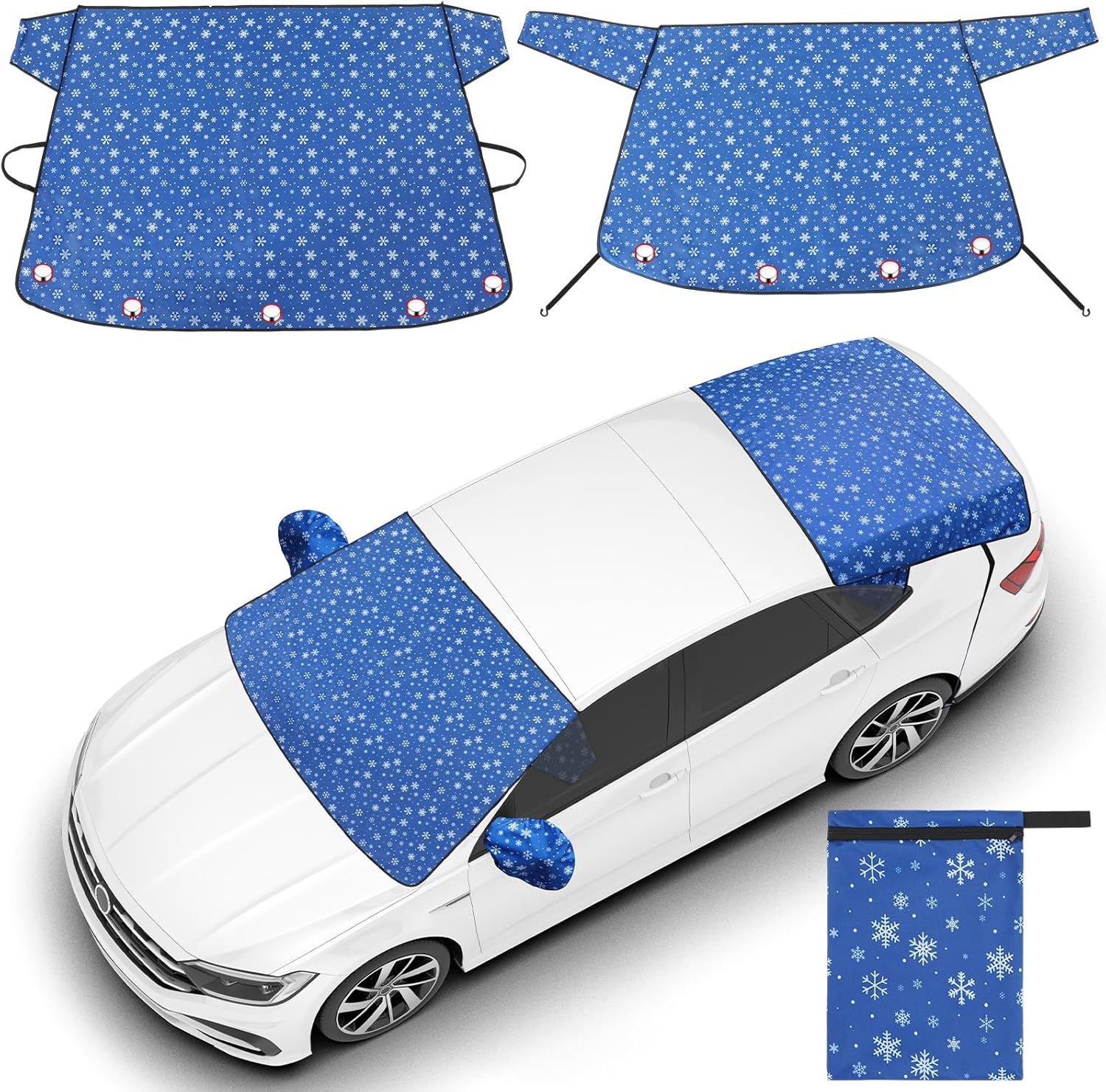 2 Pcs Windshield Cover for Ice and Snow Set Blue Snowflake Heavy Duty 600d Oxford Fabric Car Winter Accessories Front&Rear Protection with Magnetic Edges Wing Mirror Covers for Car Truck SUV - Image 1