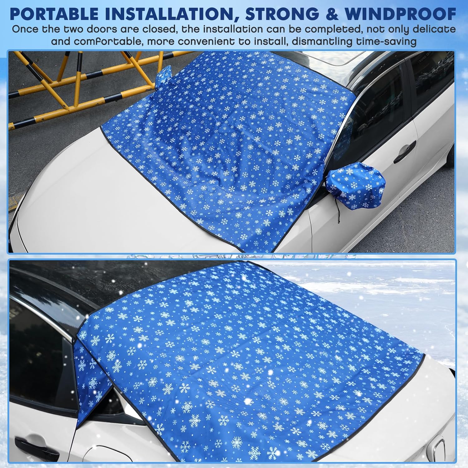 2 Pcs Windshield Cover for Ice and Snow Set Blue Snowflake Heavy Duty 600d Oxford Fabric Car Winter Accessories Front&Rear Protection with Magnetic Edges Wing Mirror Covers for Car Truck SUV - Image 2