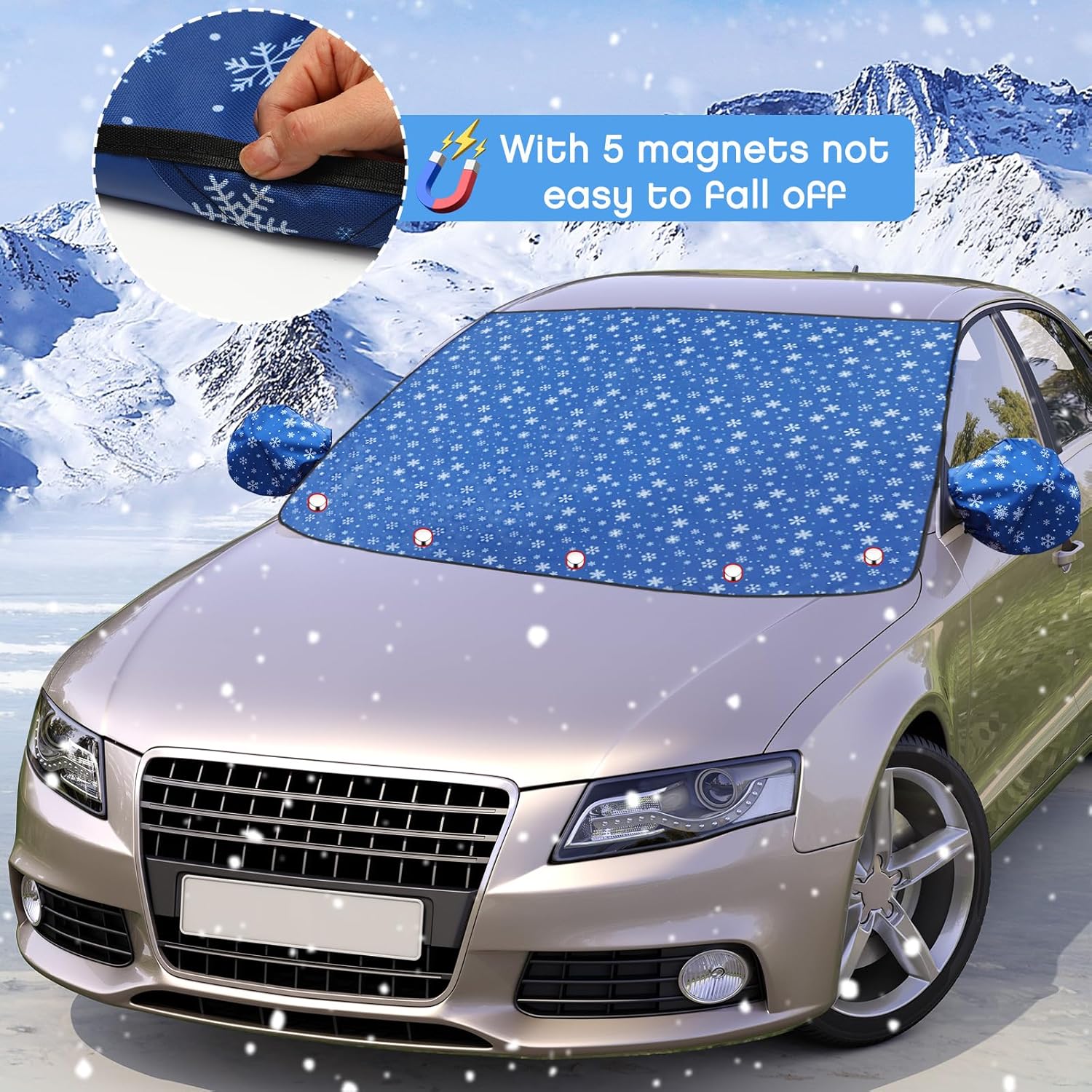 2 Pcs Windshield Cover for Ice and Snow Set Blue Snowflake Heavy Duty 600d Oxford Fabric Car Winter Accessories Front&Rear Protection with Magnetic Edges Wing Mirror Covers for Car Truck SUV - Image 3
