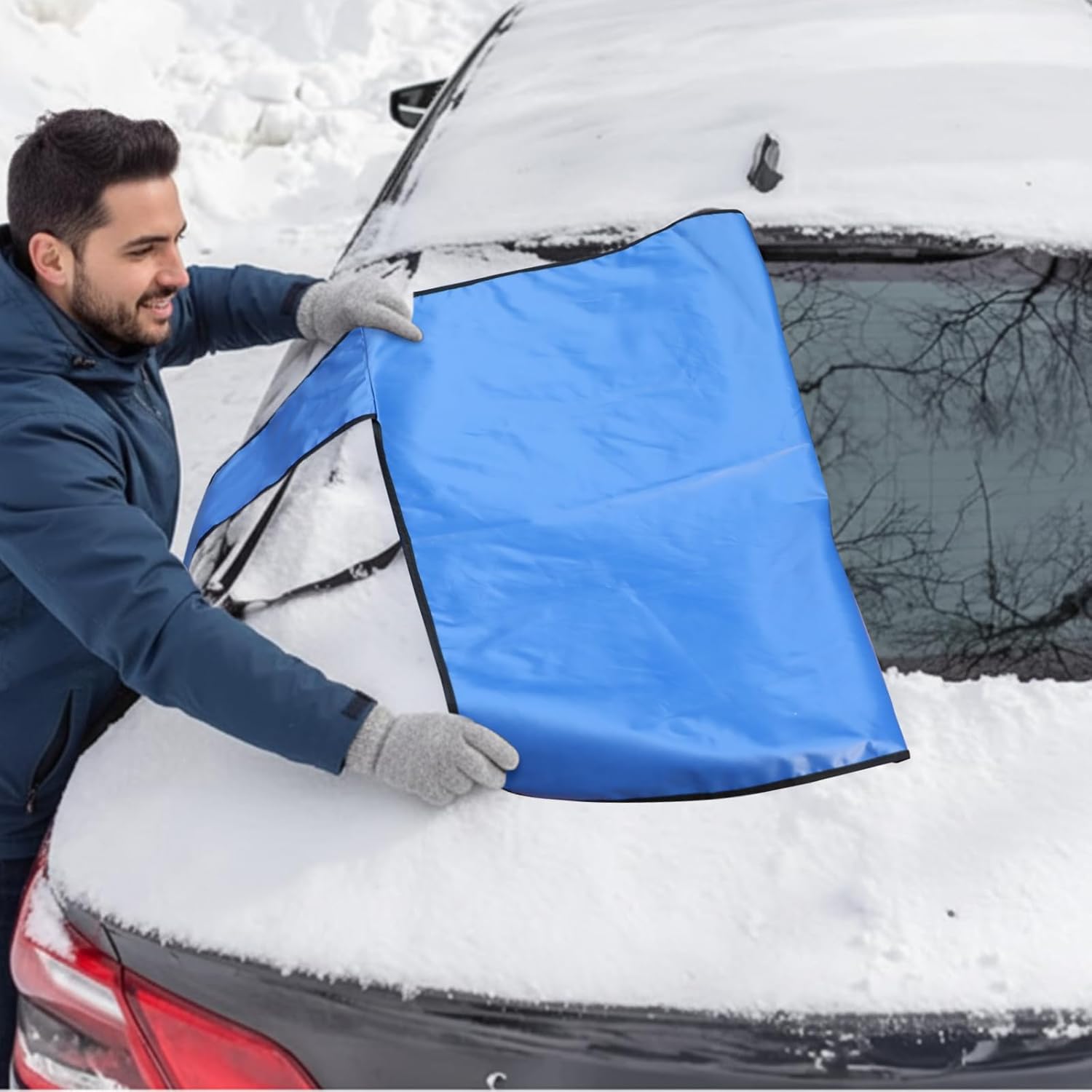 2 Pcs Windshield Cover for Ice and Snow Set Blue Snowflake Heavy Duty 600d Oxford Fabric Car Winter Accessories Front&Rear Protection with Magnetic Edges Wing Mirror Covers for Car Truck SUV - Image 4