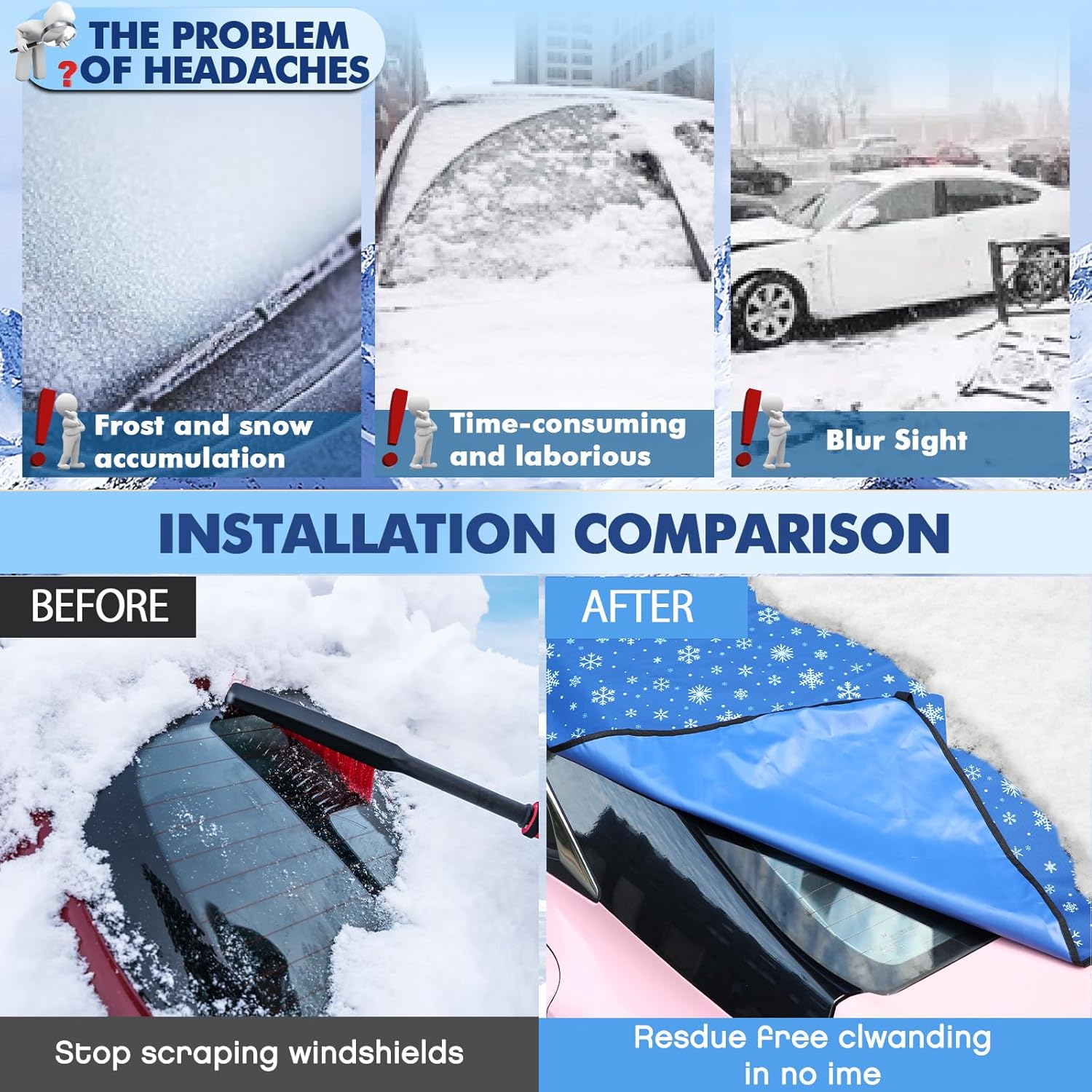 2 Pcs Windshield Cover for Ice and Snow Set Blue Snowflake Heavy Duty 600d Oxford Fabric Car Winter Accessories Front&Rear Protection with Magnetic Edges Wing Mirror Covers for Car Truck SUV - Image 6