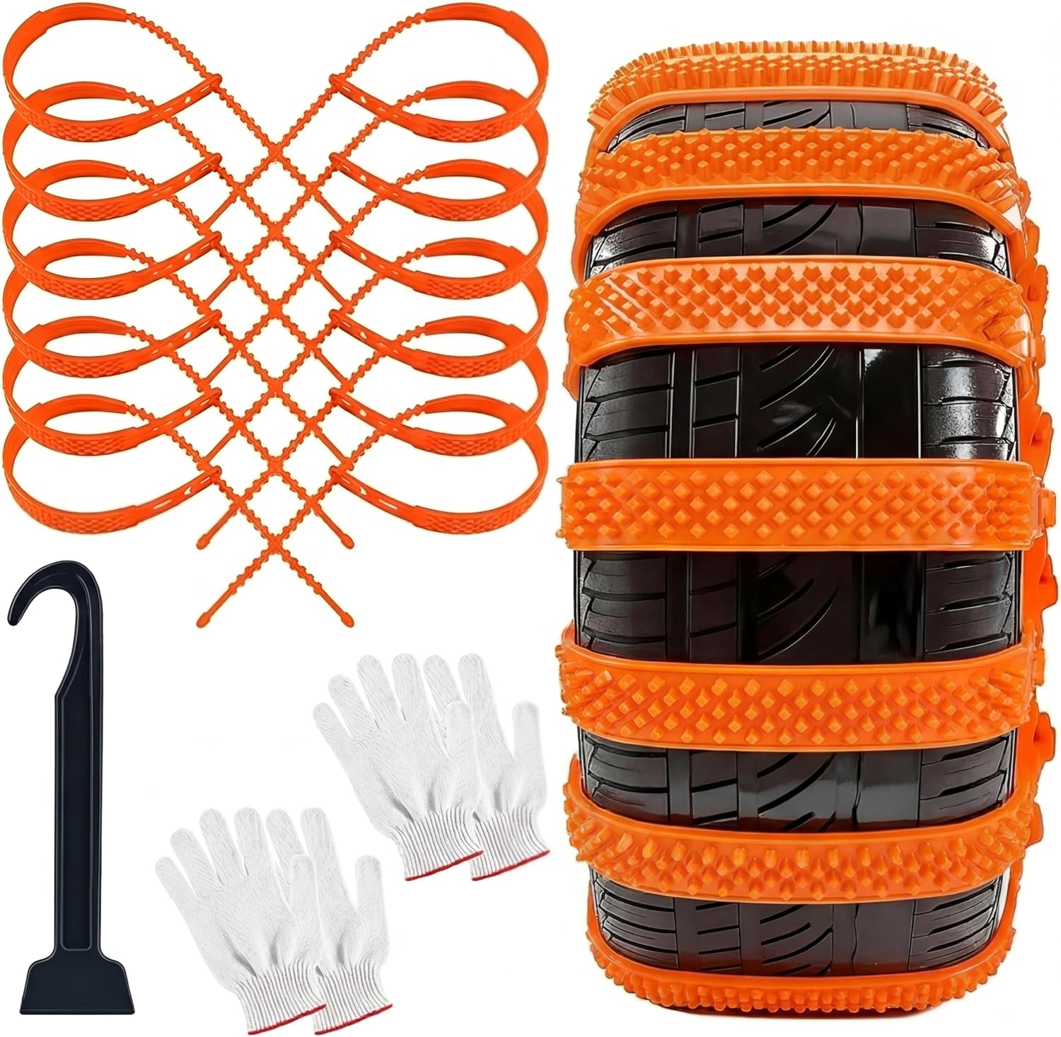 12 Pcs Heavy Duty Anti Skid Snow Tire Chains, Nylon Winter Snow Tracks with 2 Gloves and 1 Hook, Universal Emergency Car Tire Grip Straps Reusable Non Slip Zip Tie Tires Chain for Cars Truck - Image 1