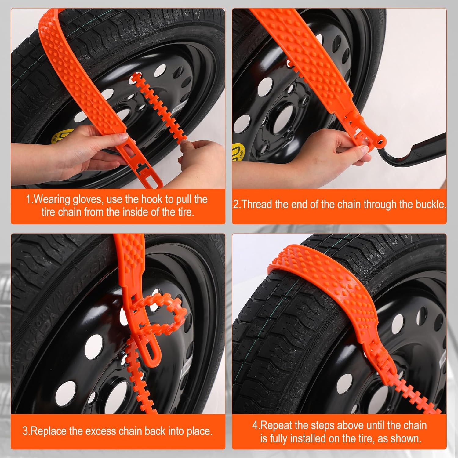 12 Pcs Heavy Duty Anti Skid Snow Tire Chains, Nylon Winter Snow Tracks with 2 Gloves and 1 Hook, Universal Emergency Car Tire Grip Straps Reusable Non Slip Zip Tie Tires Chain for Cars Truck - Image 4