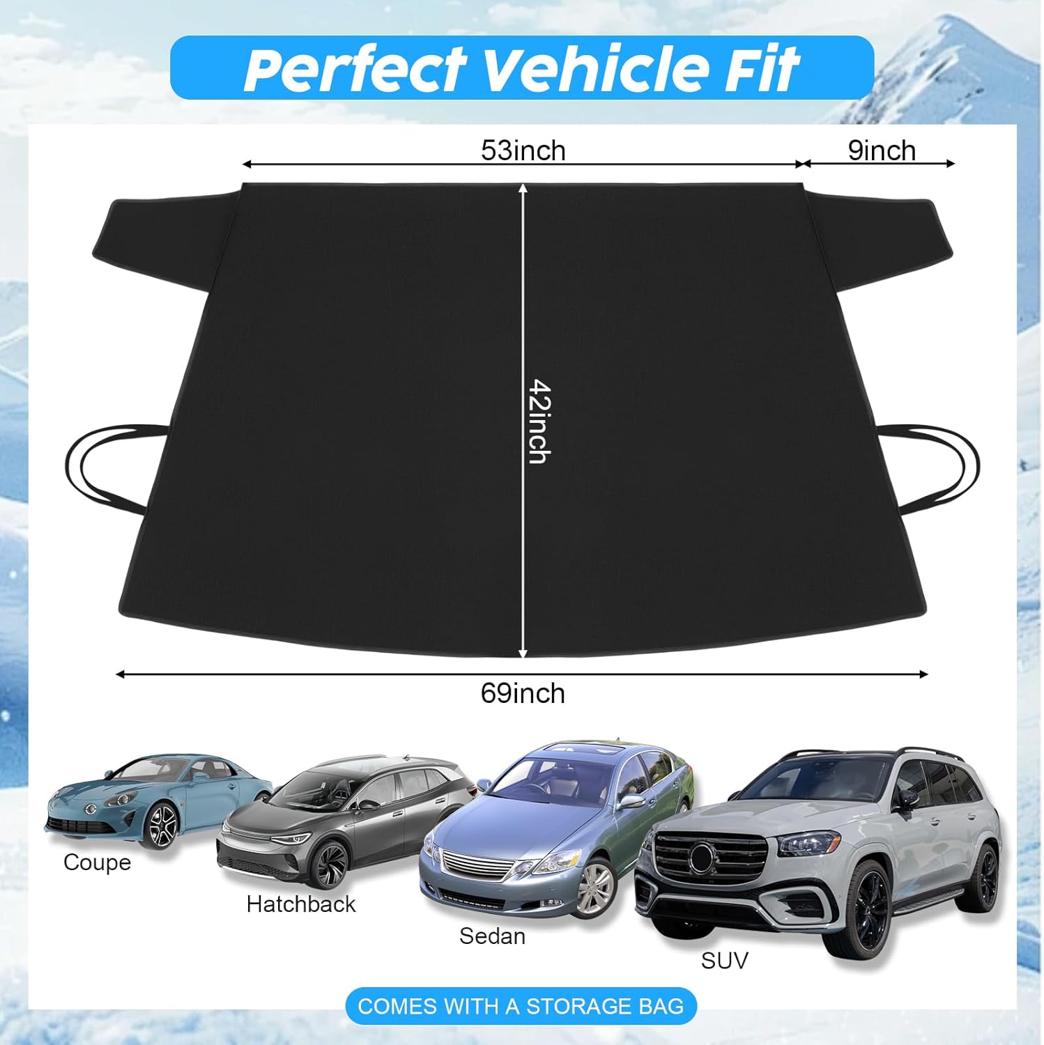 Windshield Cover for Ice and Snow Heavy Duty 600d Oxford Fabric Windshield Protector for Cars Suvs Trucks Secure Fit Waterproof Frost Cover for Winter Car Accessories, Black, 69