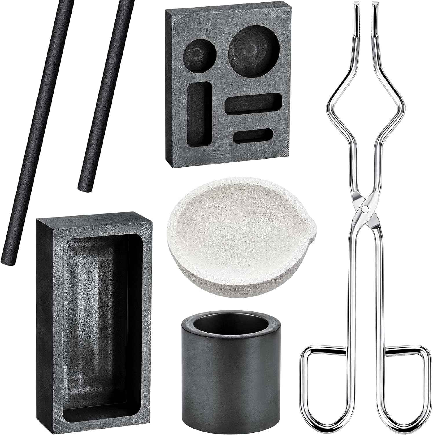 7 Pieces Graphite Torch Melting Casting Kit, Including 2 Graphite Crucible Stir Stick, Graphite Casting Mould 5-in-1 Graphite Casting Ingot Mould, Quartz Crucible, Cylindrical Graphite, Tong for Melt - Image 1