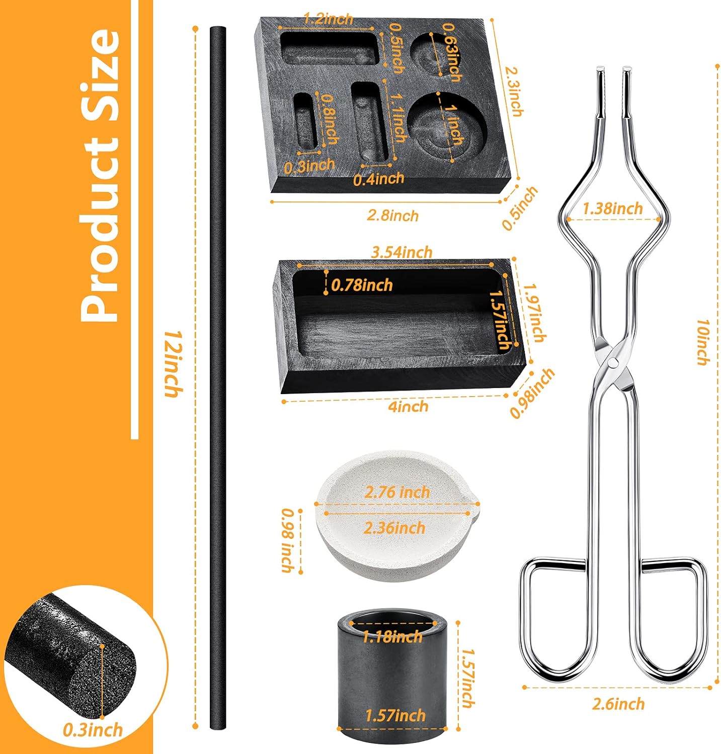 7 Pieces Graphite Torch Melting Casting Kit, Including 2 Graphite Crucible Stir Stick, Graphite Casting Mould 5-in-1 Graphite Casting Ingot Mould, Quartz Crucible, Cylindrical Graphite, Tong for Melt - Image 2