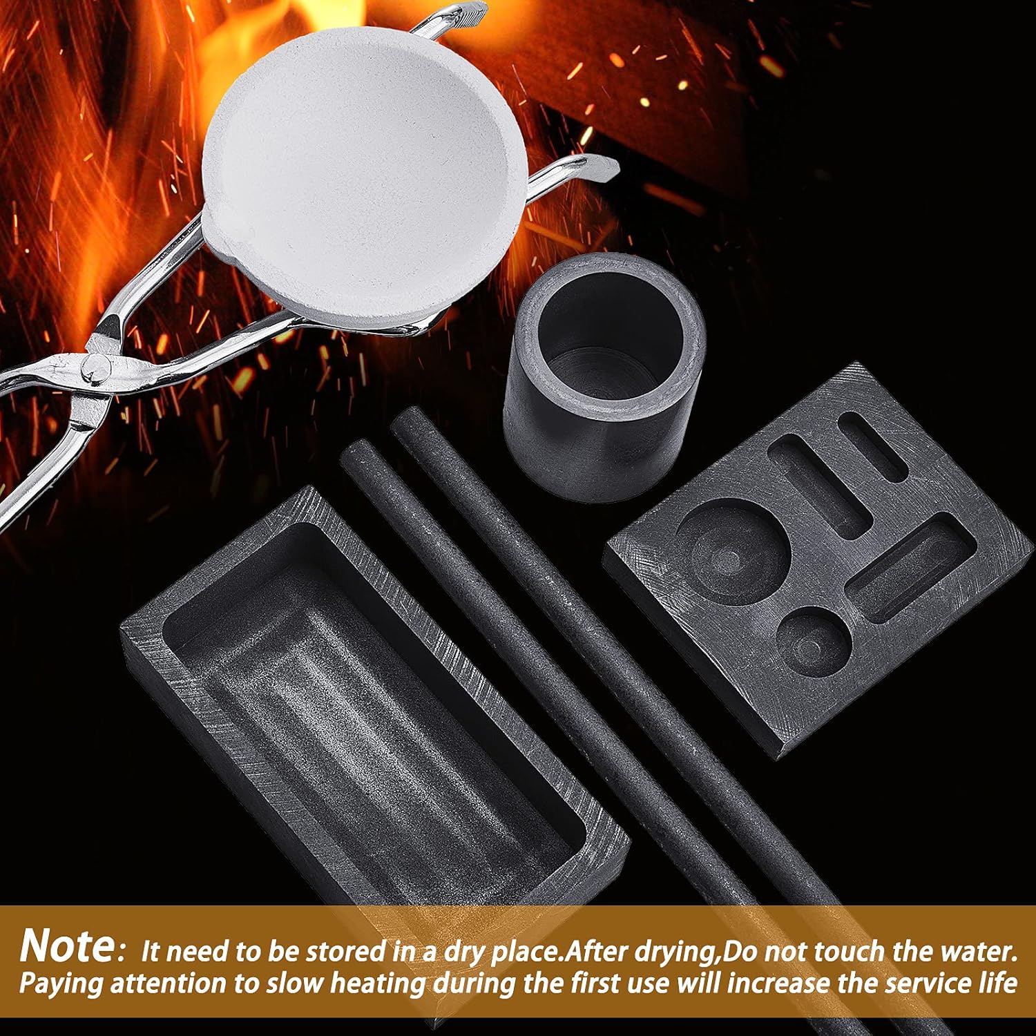 7 Pieces Graphite Torch Melting Casting Kit, Including 2 Graphite Crucible Stir Stick, Graphite Casting Mould 5-in-1 Graphite Casting Ingot Mould, Quartz Crucible, Cylindrical Graphite, Tong for Melt - Image 6