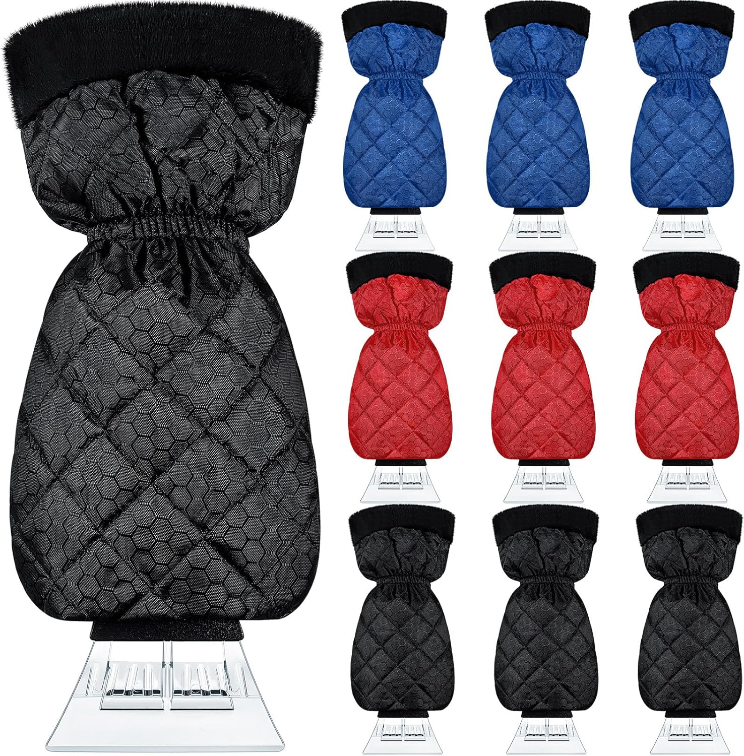 9 Pack Ice Scraper with Glove for Cars Windshield with Mitt Snow Warm Scraper Remover Waterproof Cozy Car Ice Scraper for Car Auto Truck Window Red Black Blue - Image 1